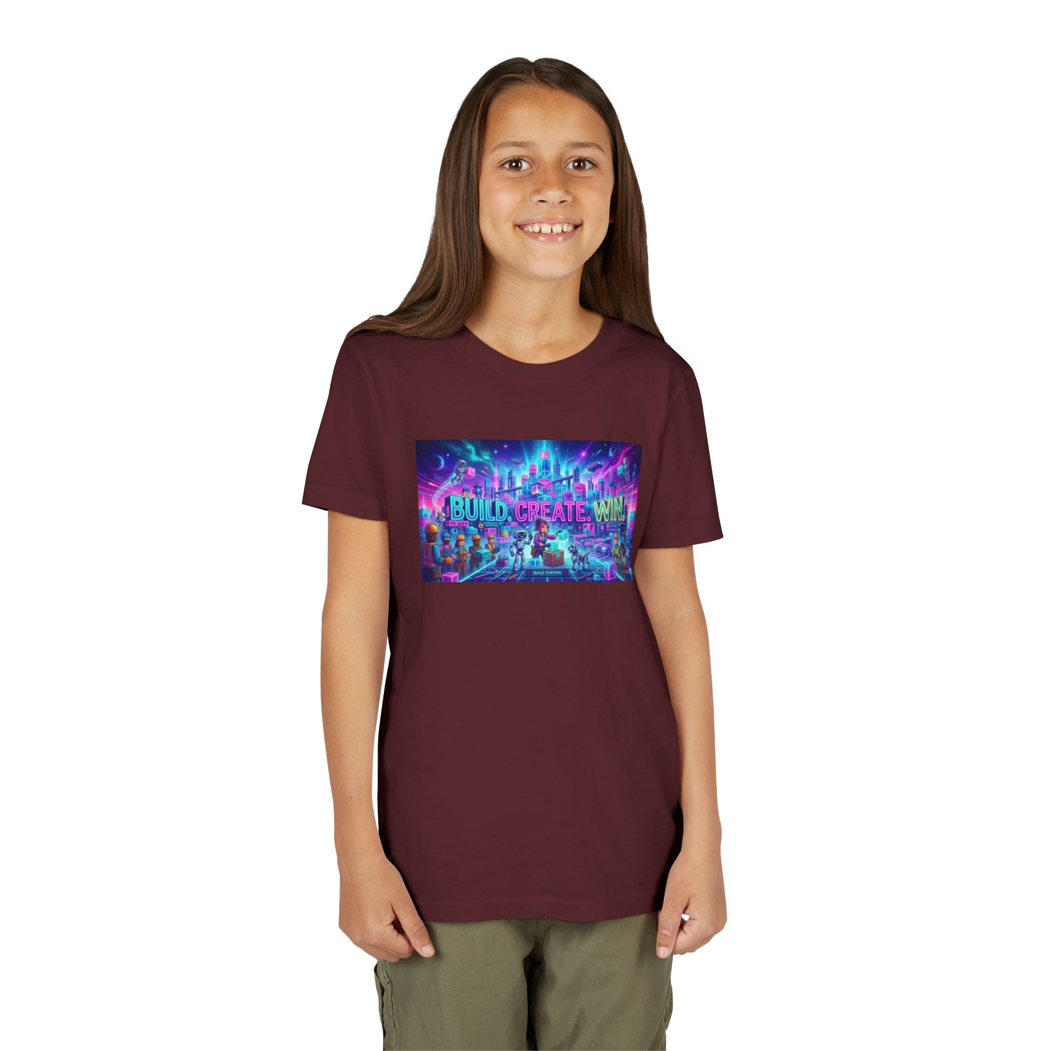 Youth Tee — “BUILD. CREATE. WIN.” Neon Builder City Design
