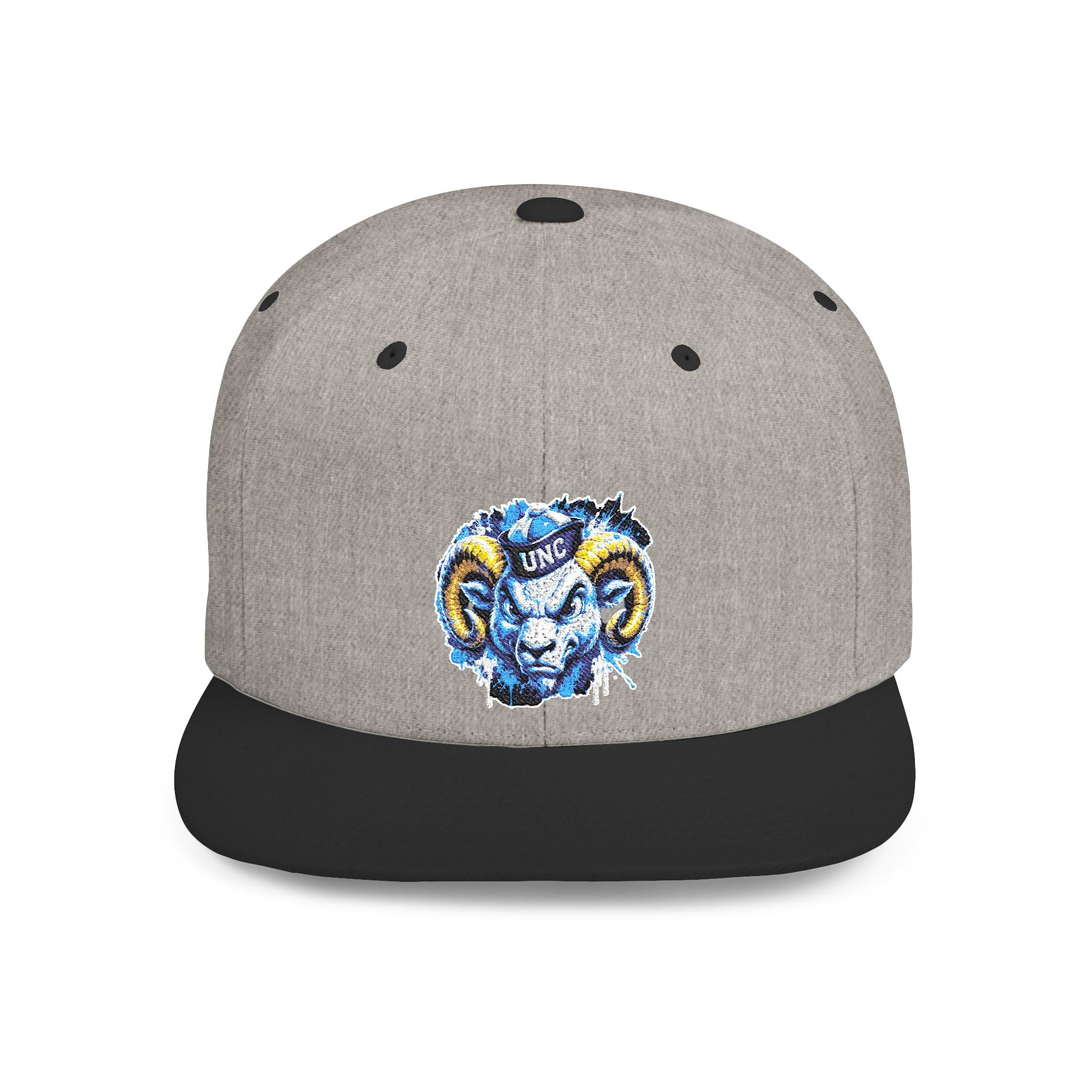 Ram Head Snapback Hat — Blue & Gold Embroidered Flat-Bill Cap