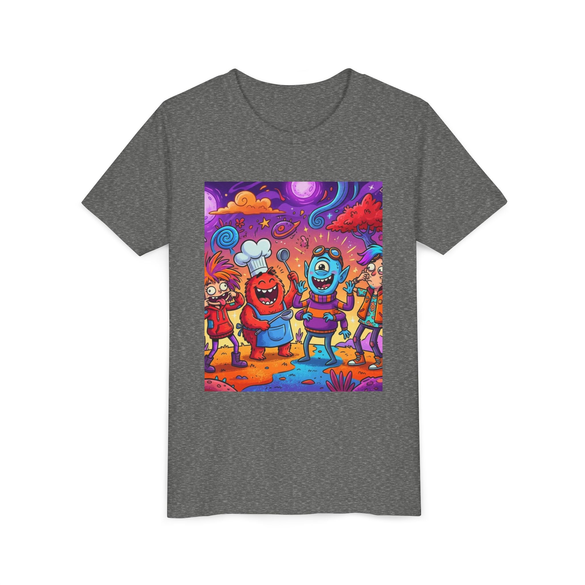 Funny Character Crew Youth Tee — Colorful Crazy Faces Graphic
