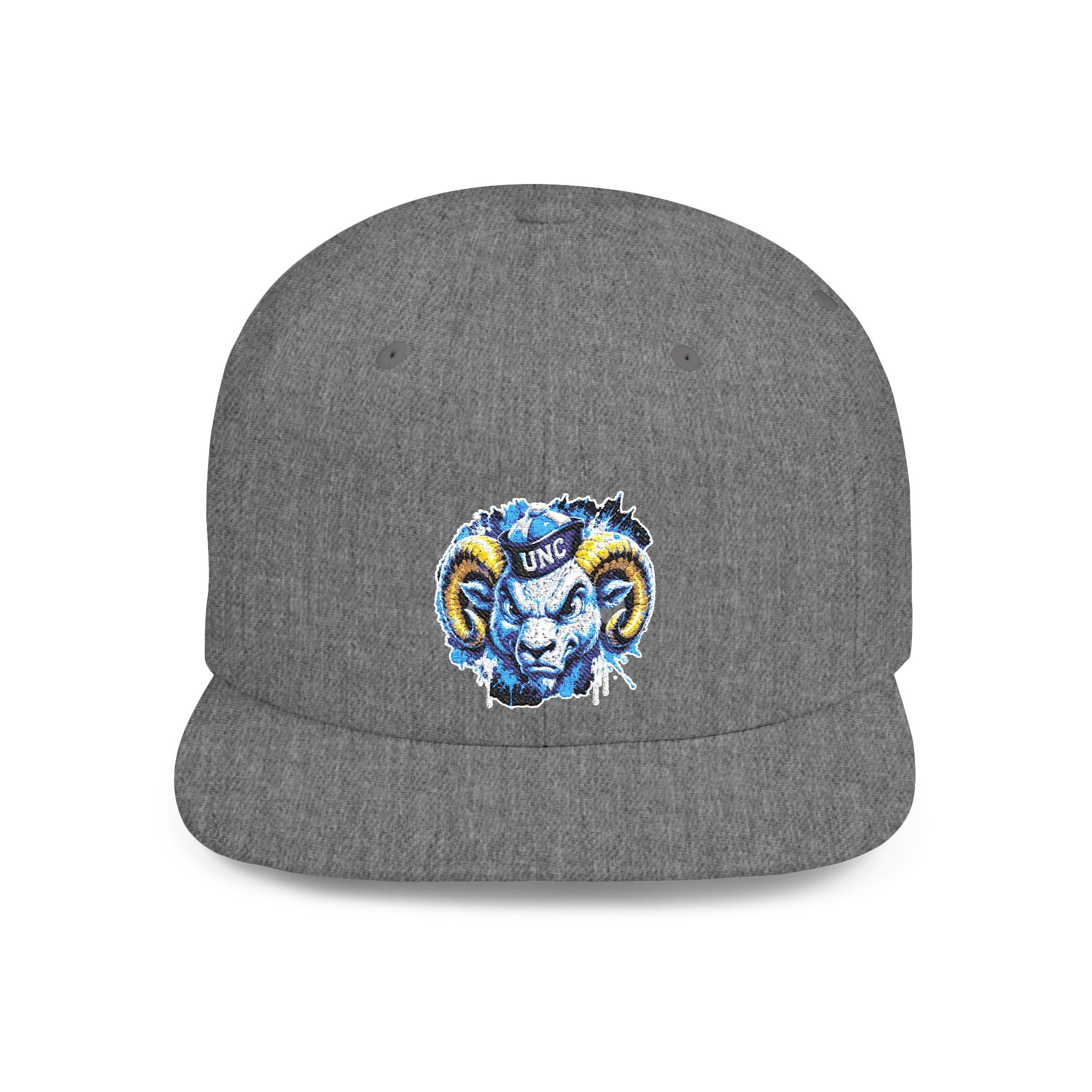 Ram Head Snapback Hat — Blue & Gold Embroidered Flat-Bill Cap