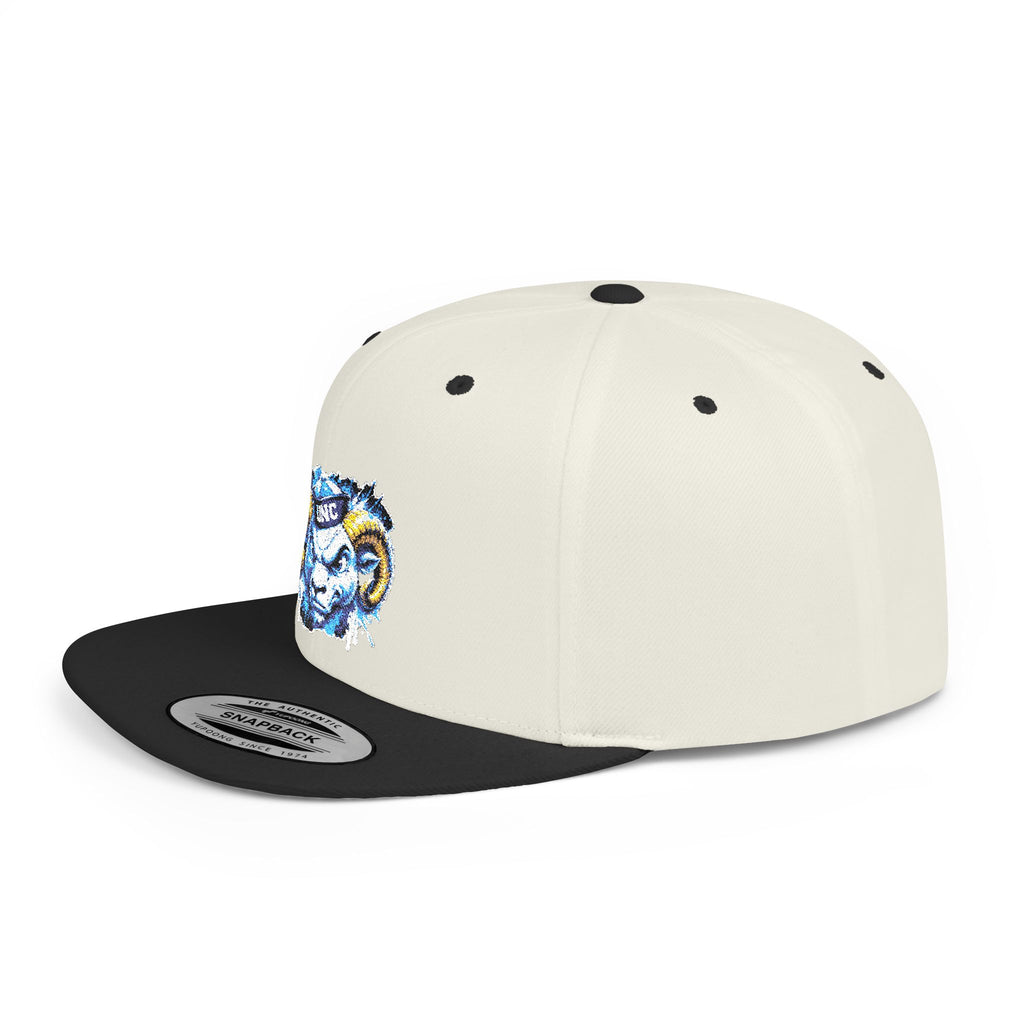 Ram Head Snapback Hat — Blue & Gold Embroidered Flat-Bill Cap