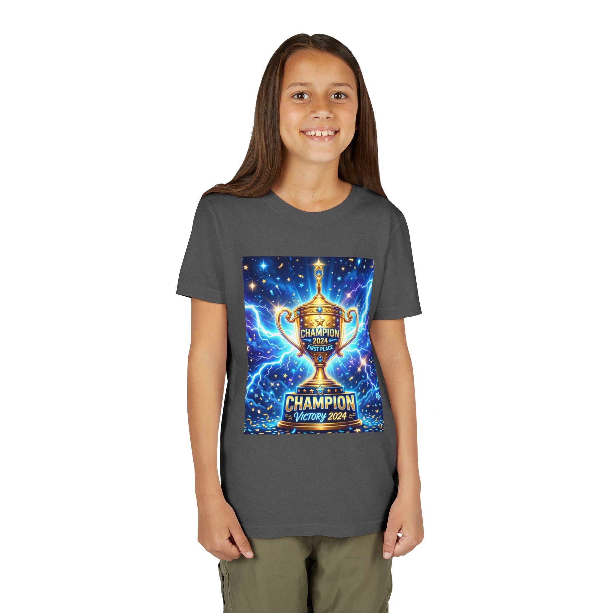Youth Trophy Lightning Tee — Winning Kids' Short Sleeve Shirt with Stars & Confetti