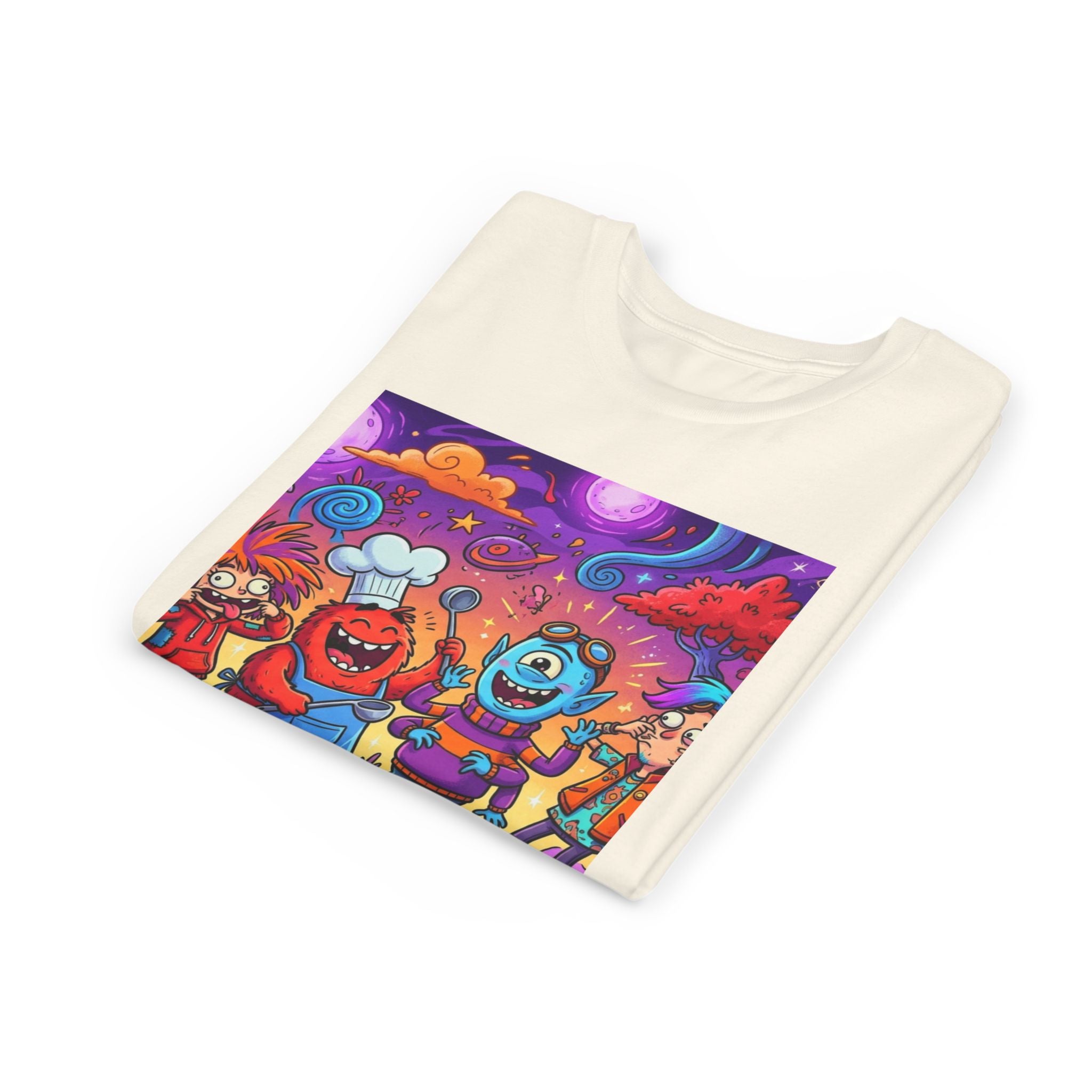 Funny Character Crew Youth Tee — Colorful Crazy Faces Graphic