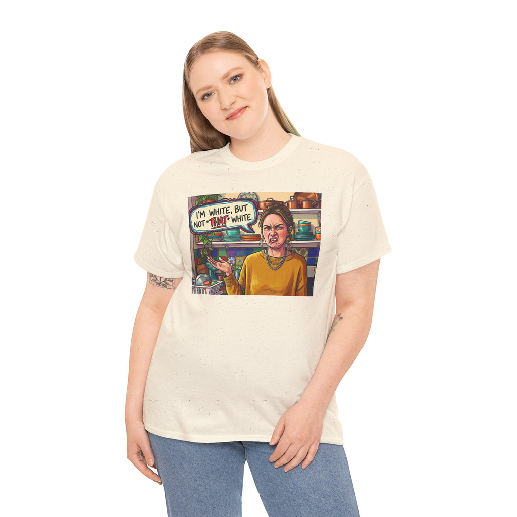 Graphic Tee — "I'm White, But Not THAT White" Illustration with Back Raised Fist Logo