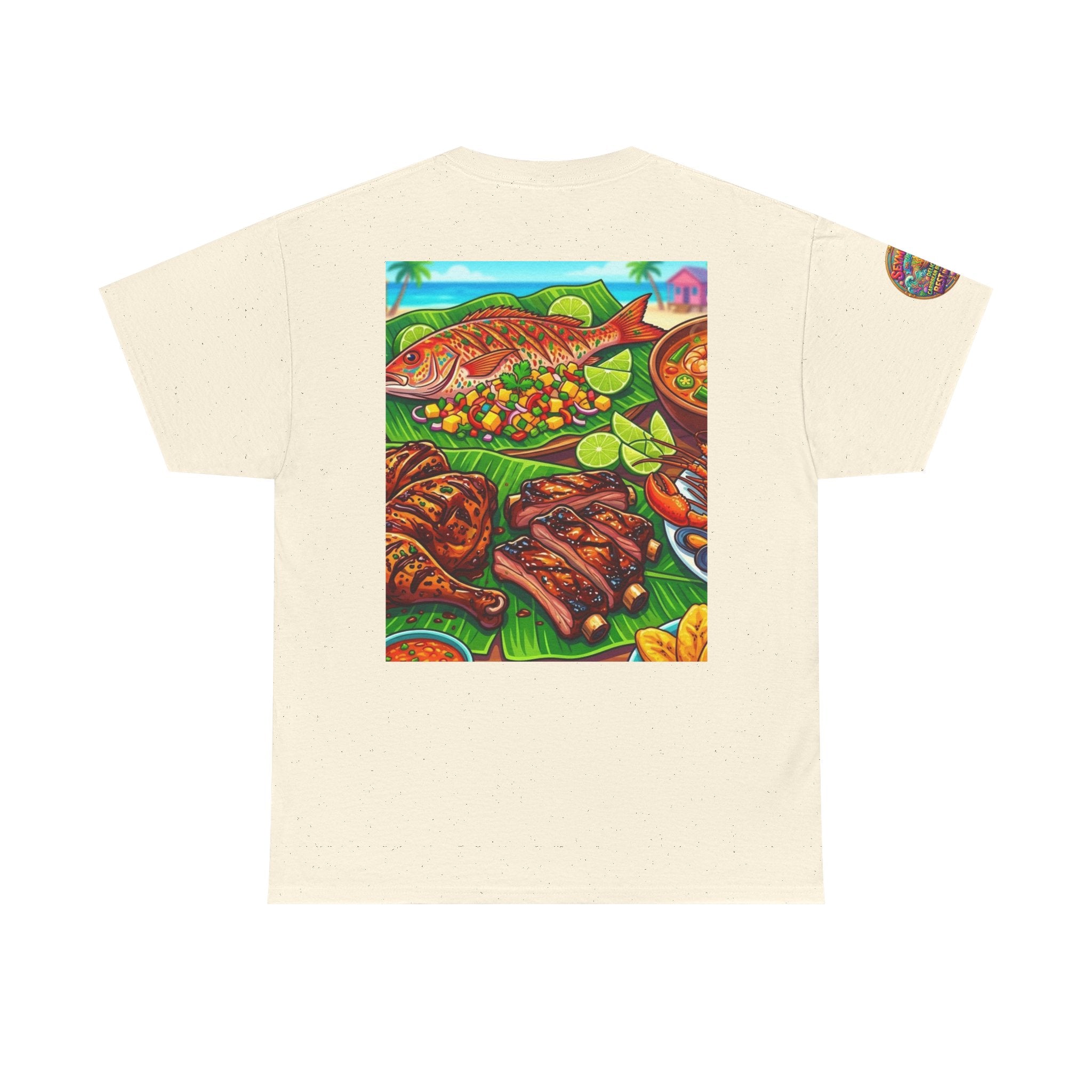 Caribbean BBQ & Seafood Tee — “Seymour’s” Vibrant Island Food Graphic T-Shirt