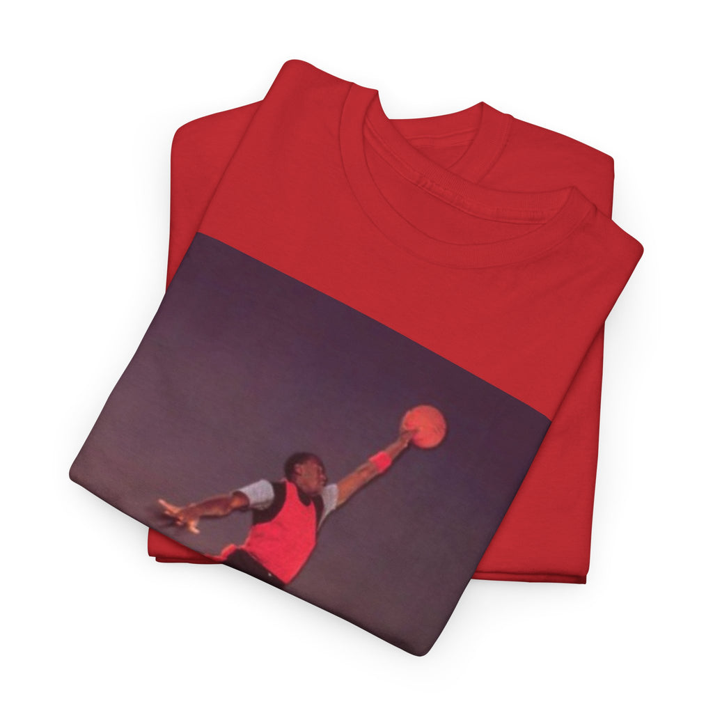 Basketball Jumpman Tee — Retro Skyline Graphic T-Shirt with Red Fist Back Emblem
