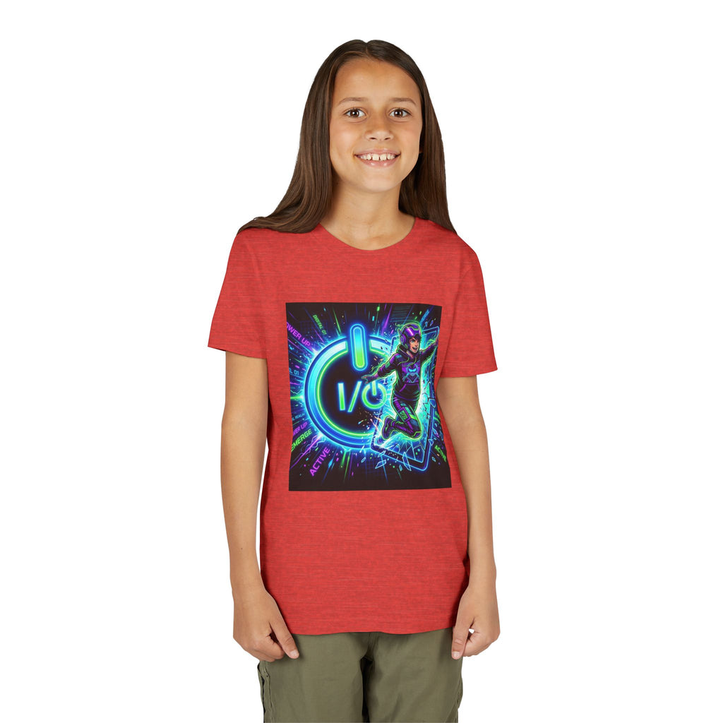 Neon Power Button Tee — Gamer Screen Escape Youth T-Shirt