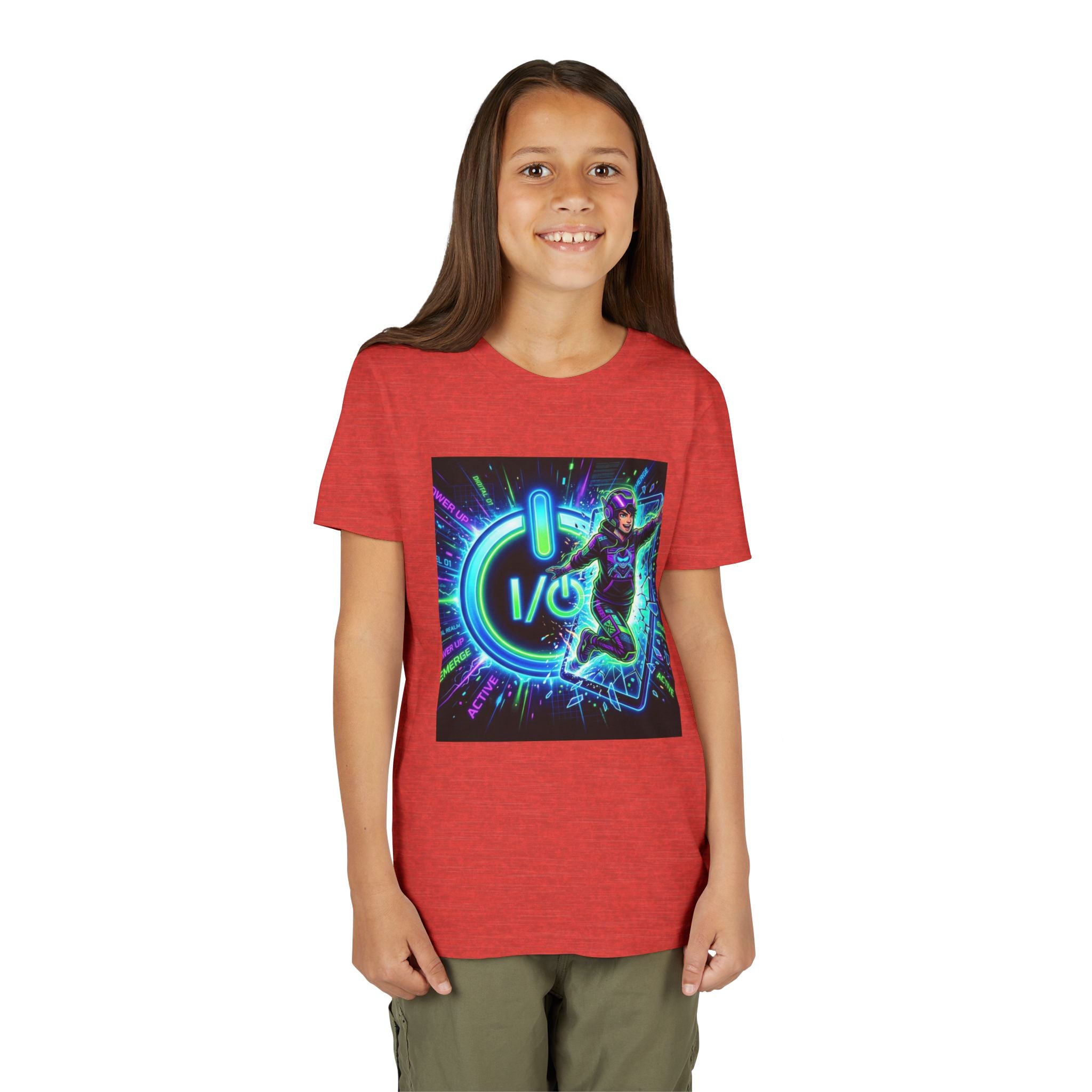 Neon Power Button Tee — Gamer Screen Escape Youth T-Shirt