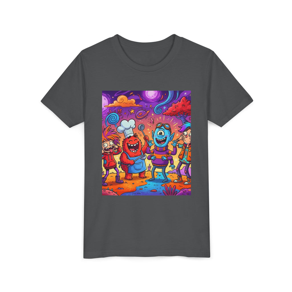 Funny Character Crew Youth Tee — Colorful Crazy Faces Graphic