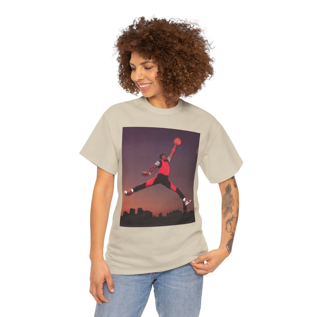 Basketball Jumpman Tee — Retro Skyline Graphic T-Shirt with Red Fist Back Emblem