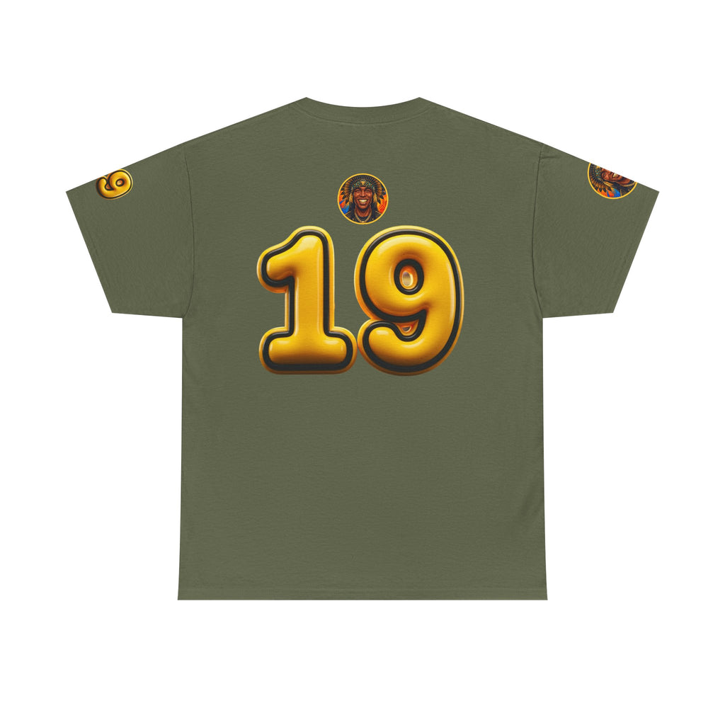 Melanated 19 Graphic Tee — Retro Script Logo & Gold Number Baseball Shirt