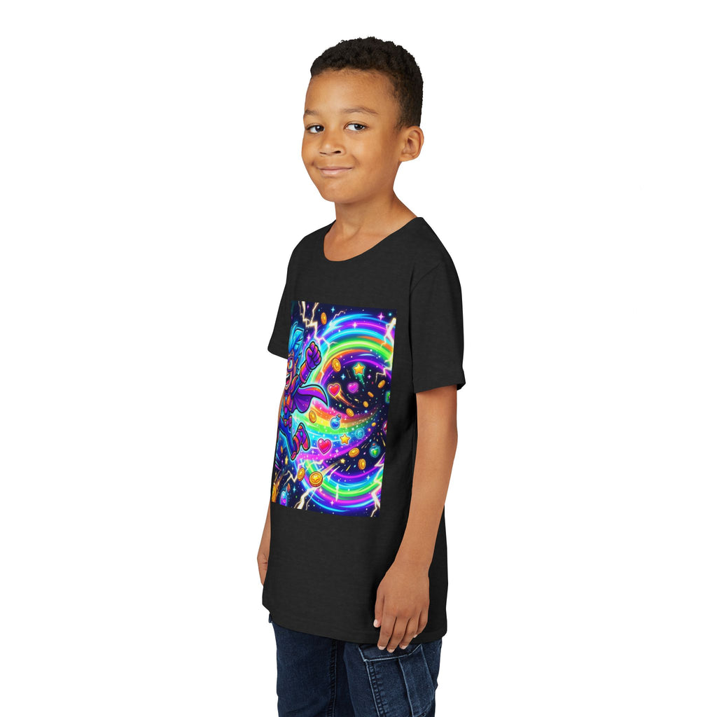 Retro Pixel Explosion Youth Tee — Smiling Avatar, Hearts, Gems & Controllers