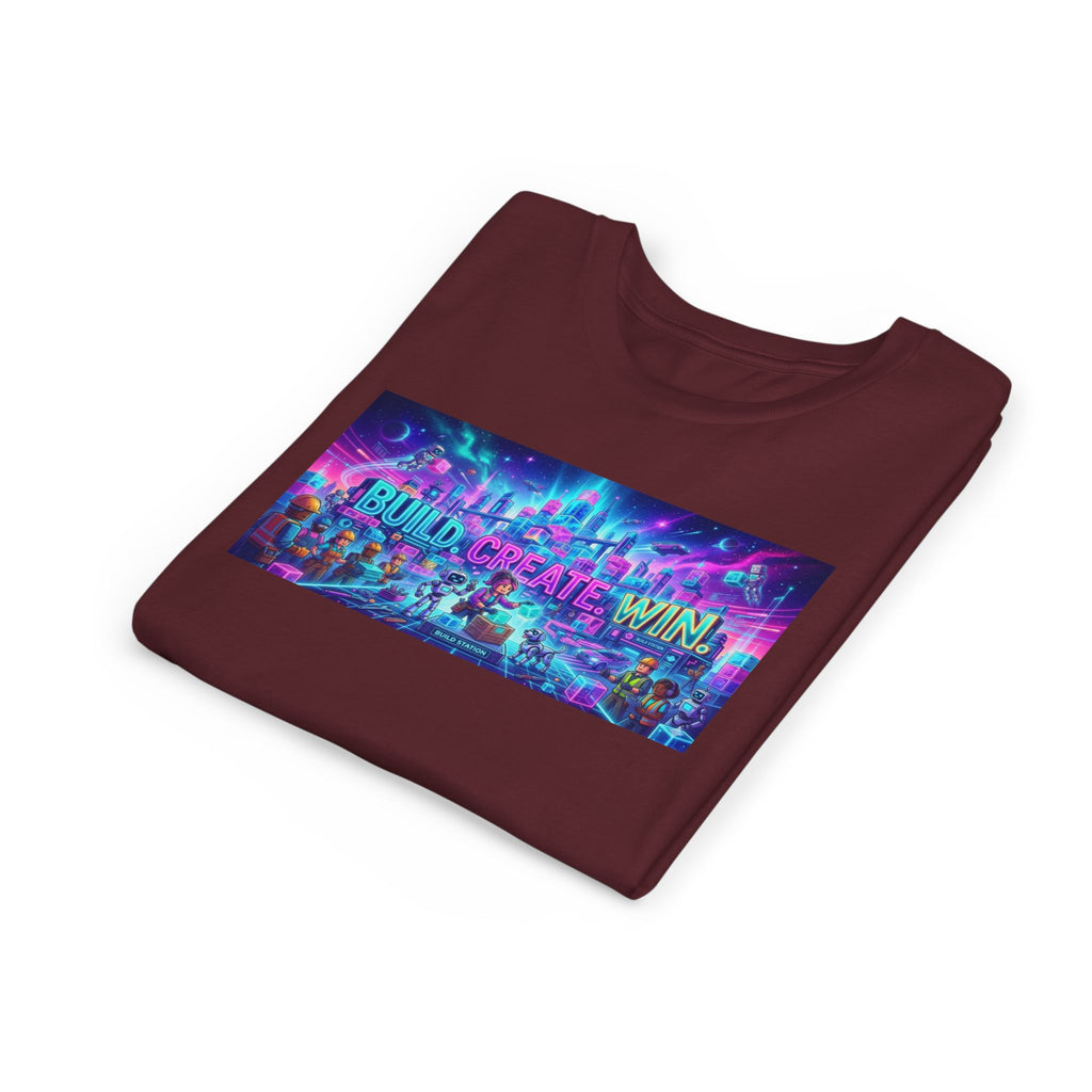 Youth Tee — “BUILD. CREATE. WIN.” Neon Builder City Design