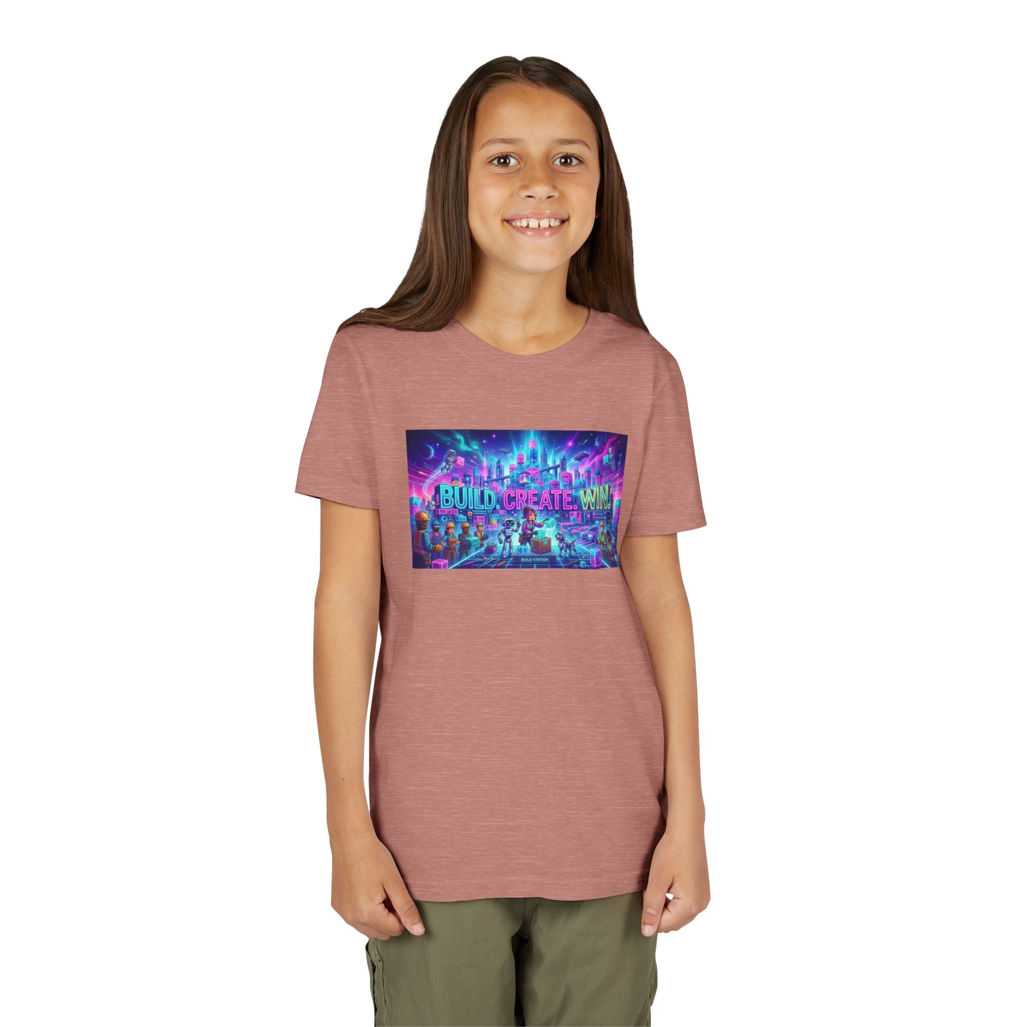 Youth Tee — “BUILD. CREATE. WIN.” Neon Builder City Design