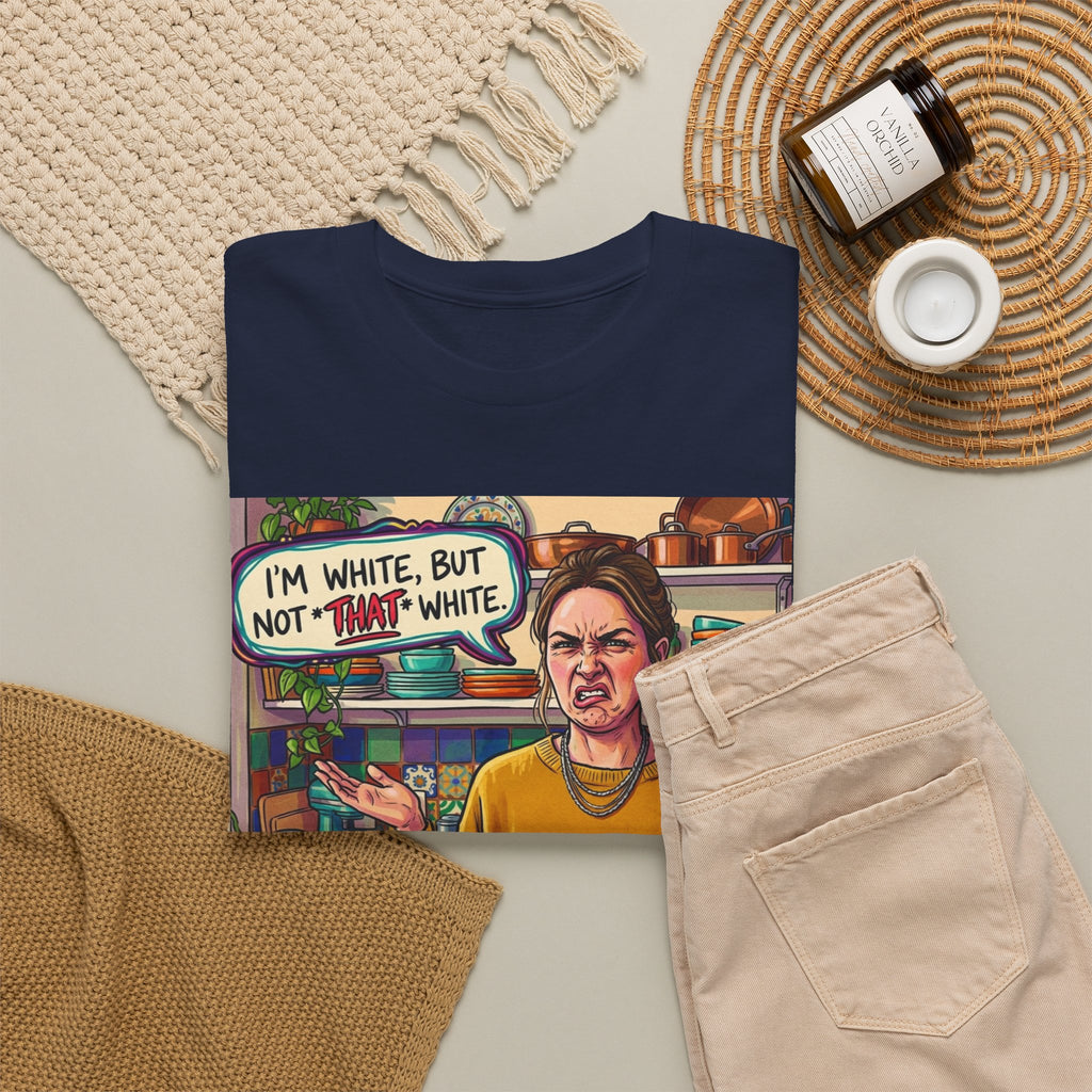 Graphic Tee — "I'm White, But Not THAT White" Illustration with Back Raised Fist Logo