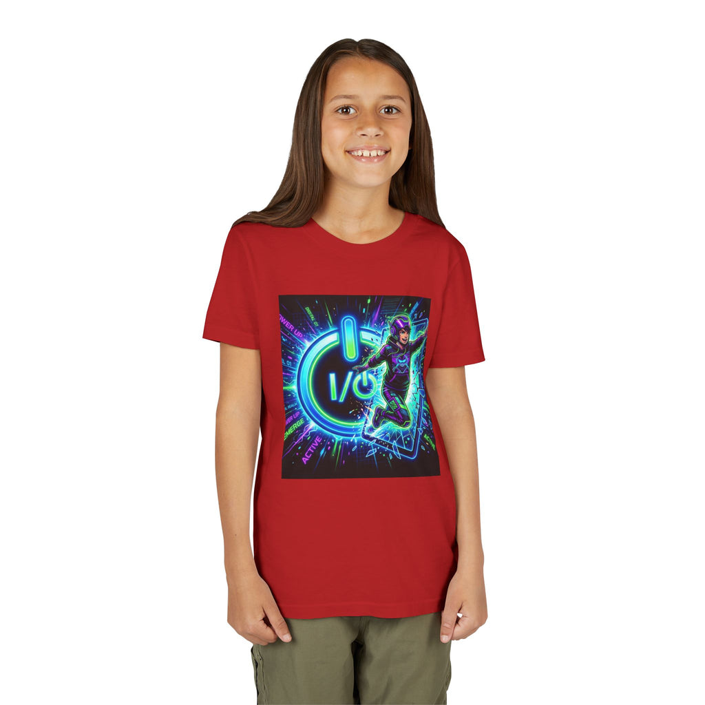 Neon Power Button Tee — Gamer Screen Escape Youth T-Shirt