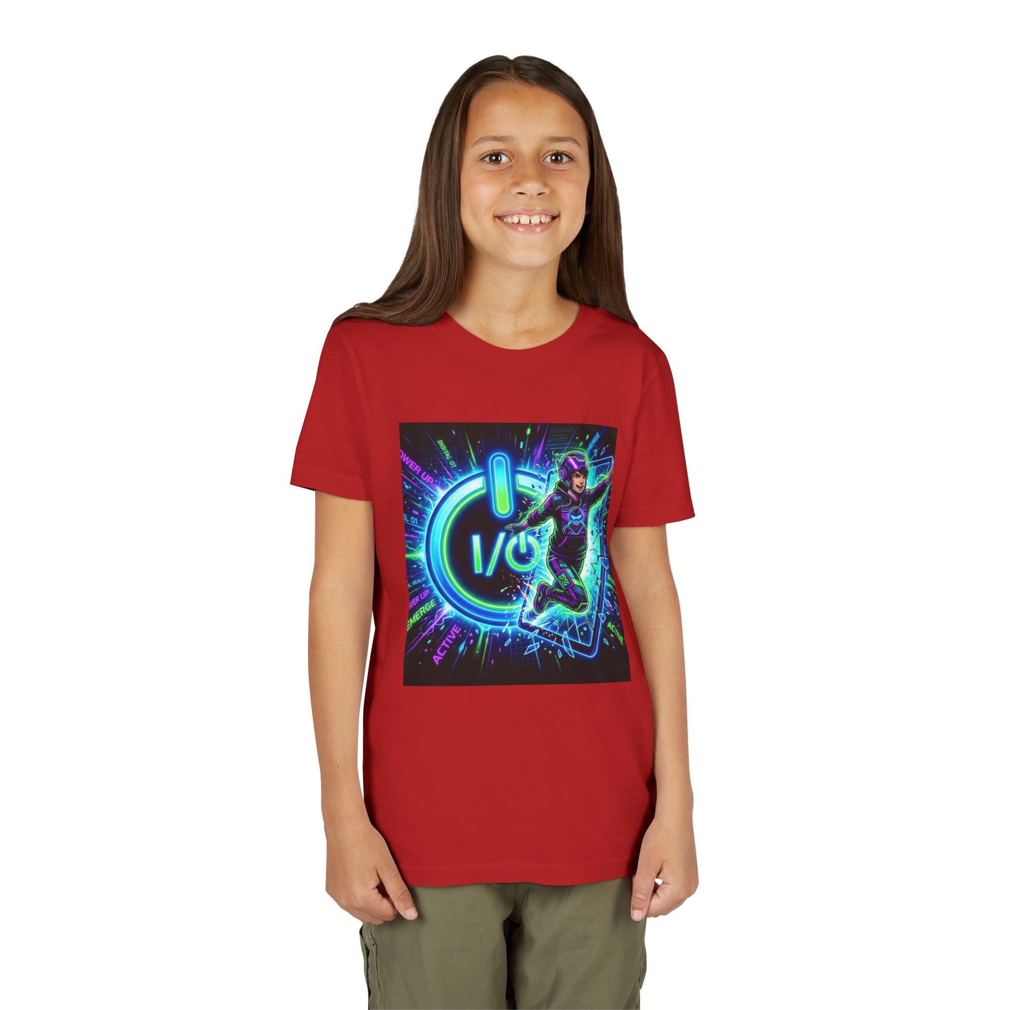 Neon Power Button Tee — Gamer Screen Escape Youth T-Shirt