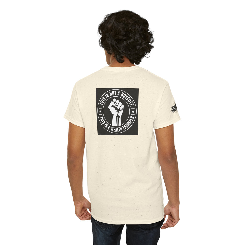 Graphic Tee — 'This Is Not A Boycott, This Is A Wealth Transfer' Back Print with Reading Child Artwork
