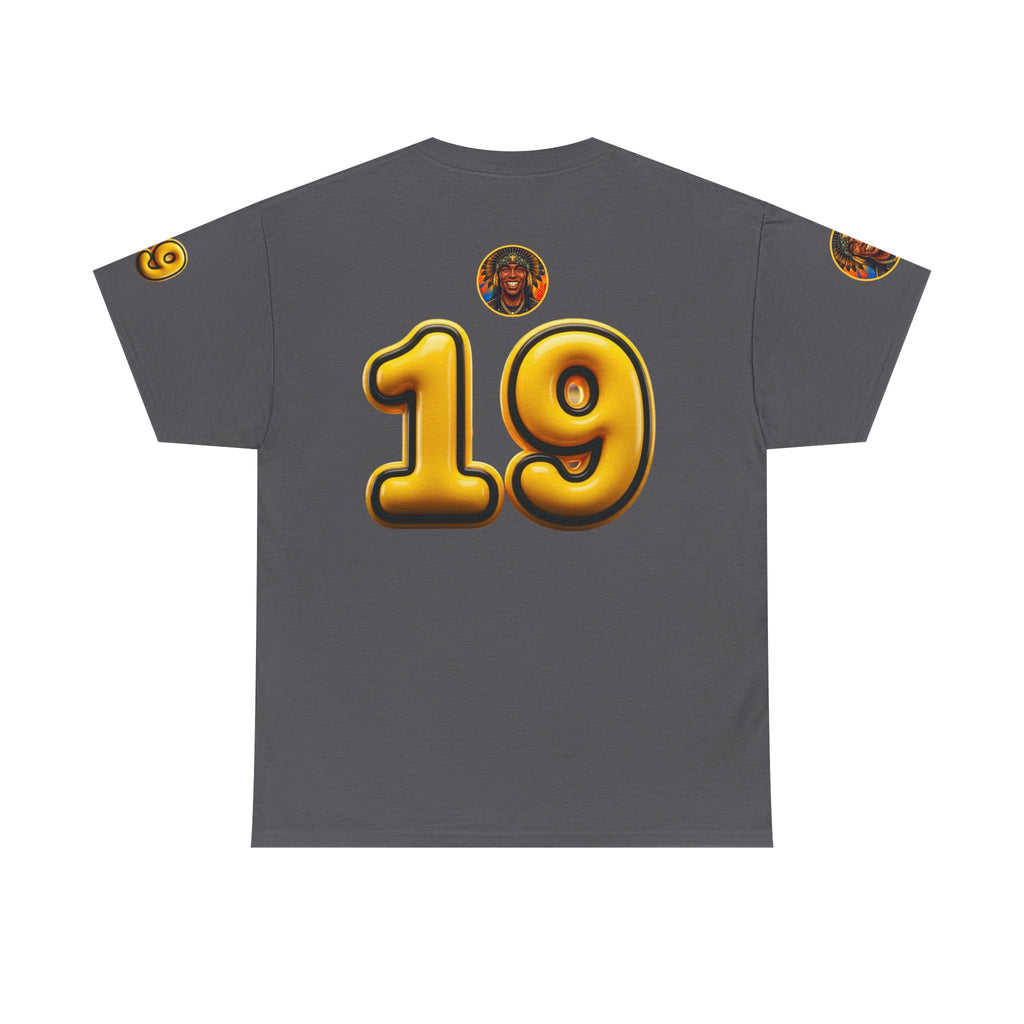Melanated 19 Graphic Tee — Retro Script Logo & Gold Number Baseball Shirt
