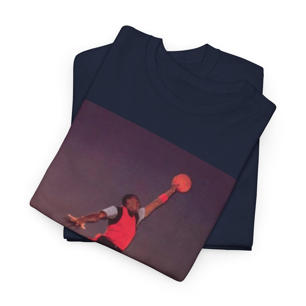 Basketball Jumpman Tee — Retro Skyline Graphic T-Shirt with Red Fist Back Emblem