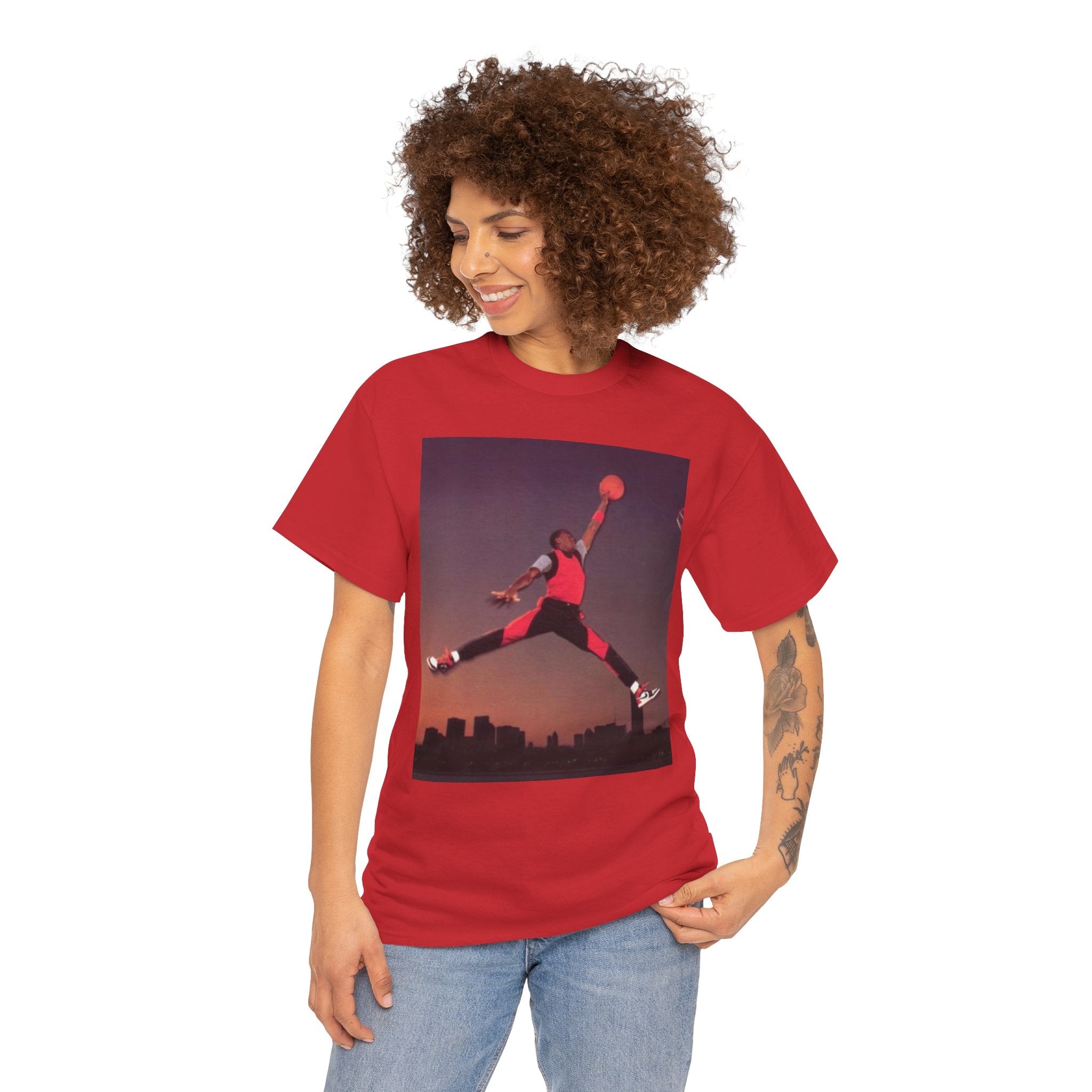 Basketball Jumpman Tee — Retro Skyline Graphic T-Shirt with Red Fist Back Emblem