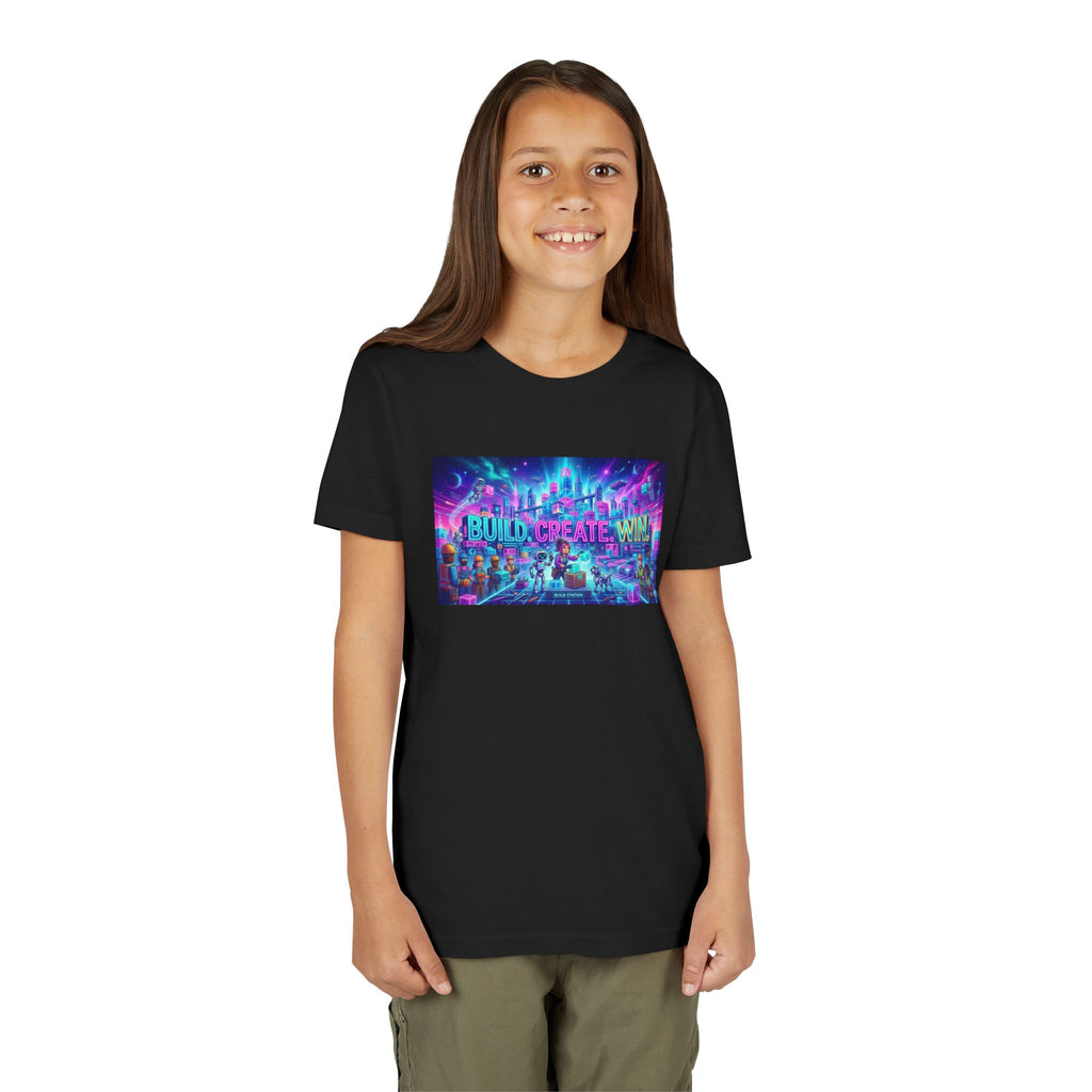 Youth Tee — “BUILD. CREATE. WIN.” Neon Builder City Design