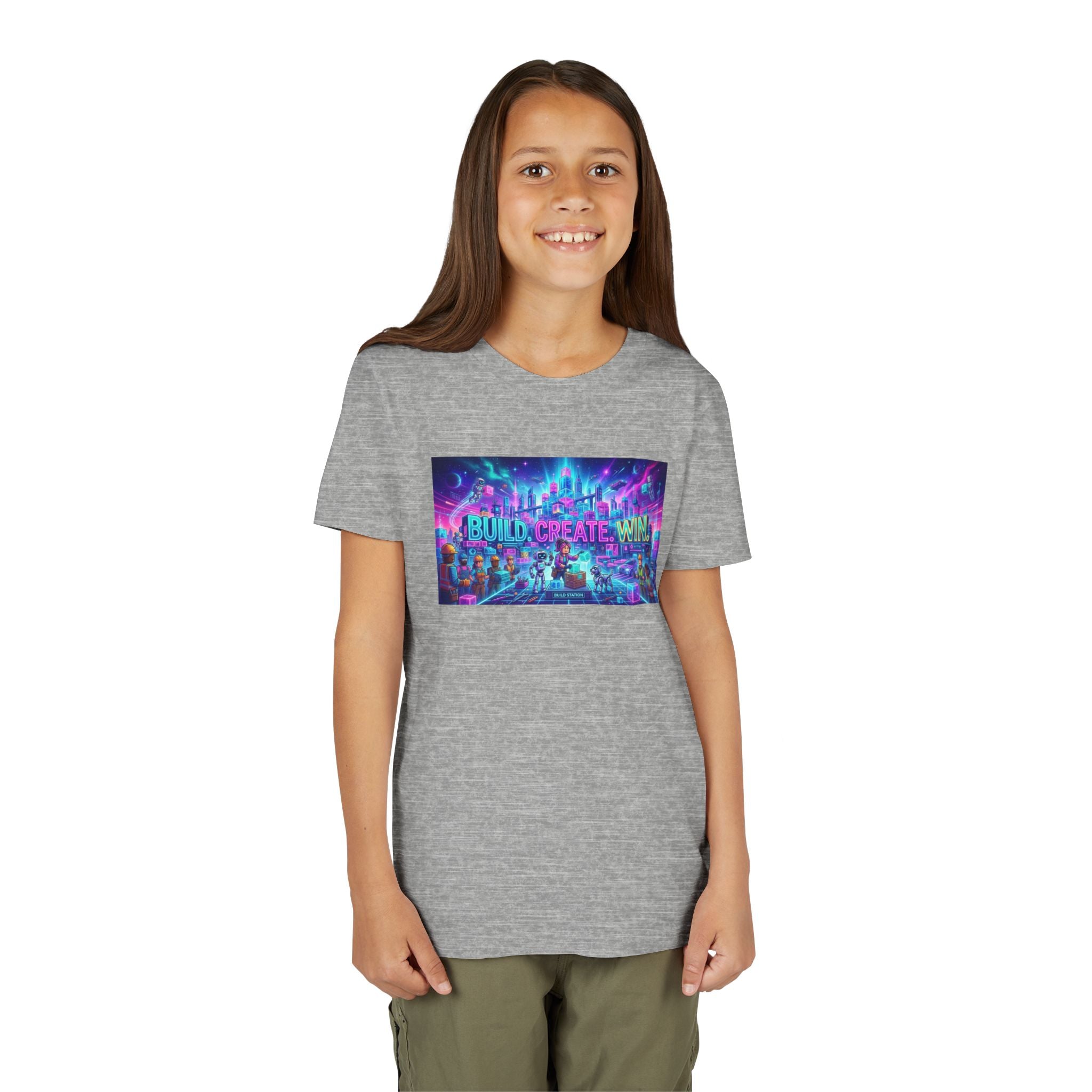 Youth Tee — “BUILD. CREATE. WIN.” Neon Builder City Design