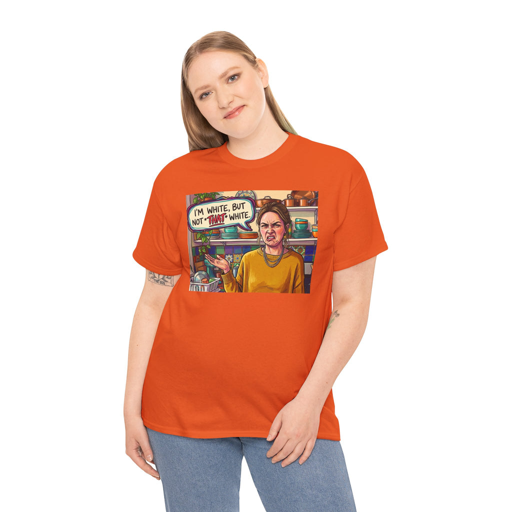 Graphic Tee — "I'm White, But Not THAT White" Illustration with Back Raised Fist Logo