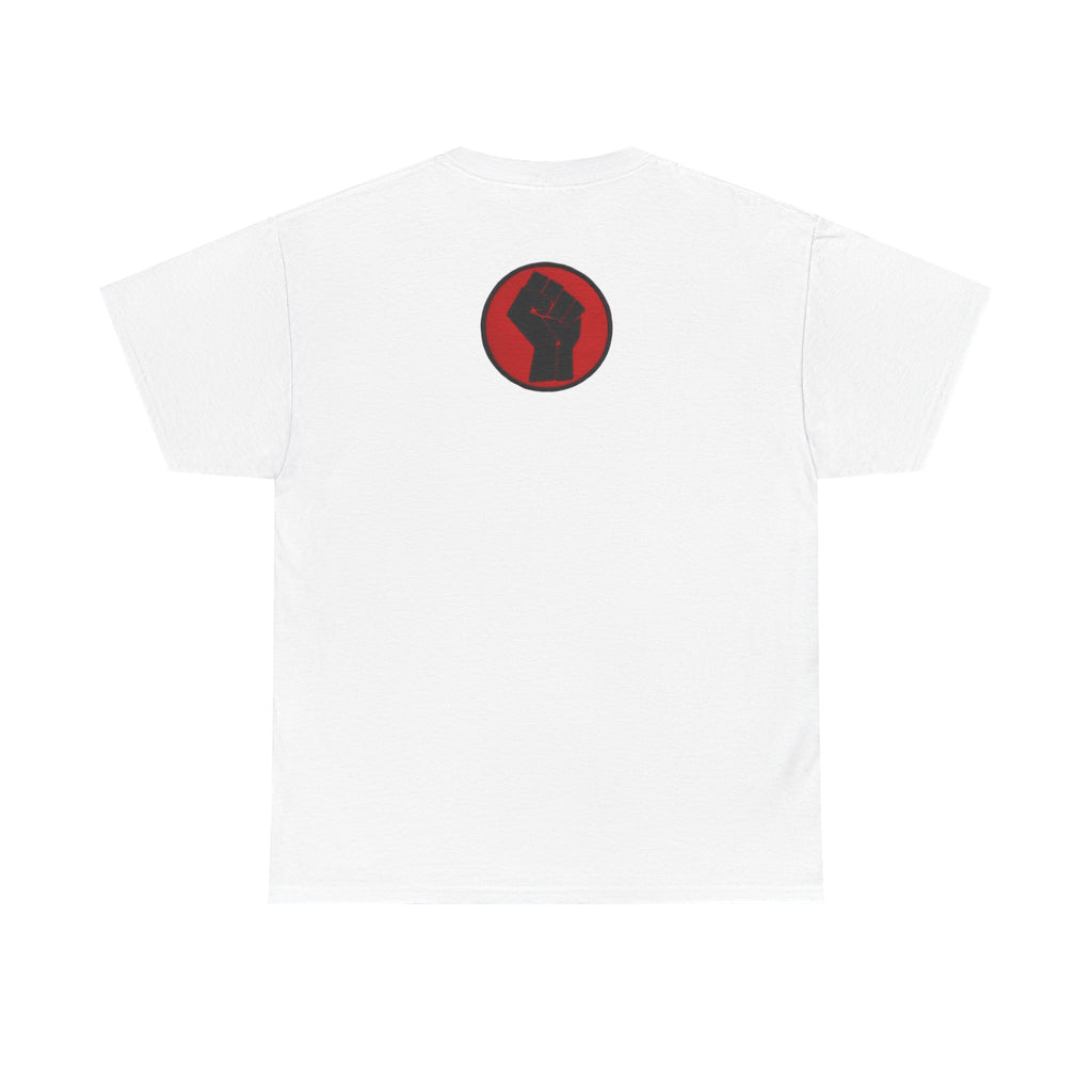 Basketball Jumpman Tee — Retro Skyline Graphic T-Shirt with Red Fist Back Emblem
