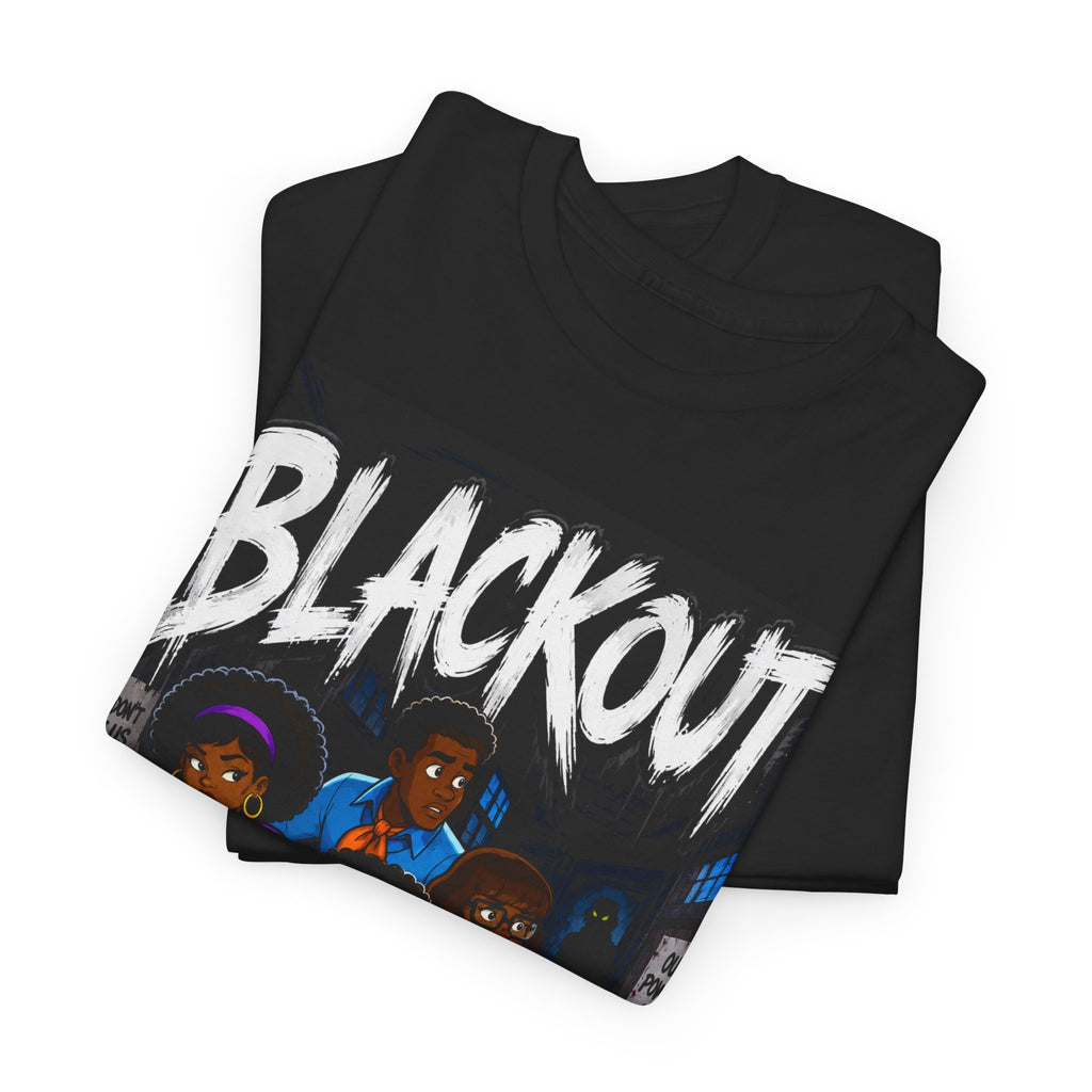 Blackout Graphic Tee — Urban Comic Poster Design with Back Fist Logo