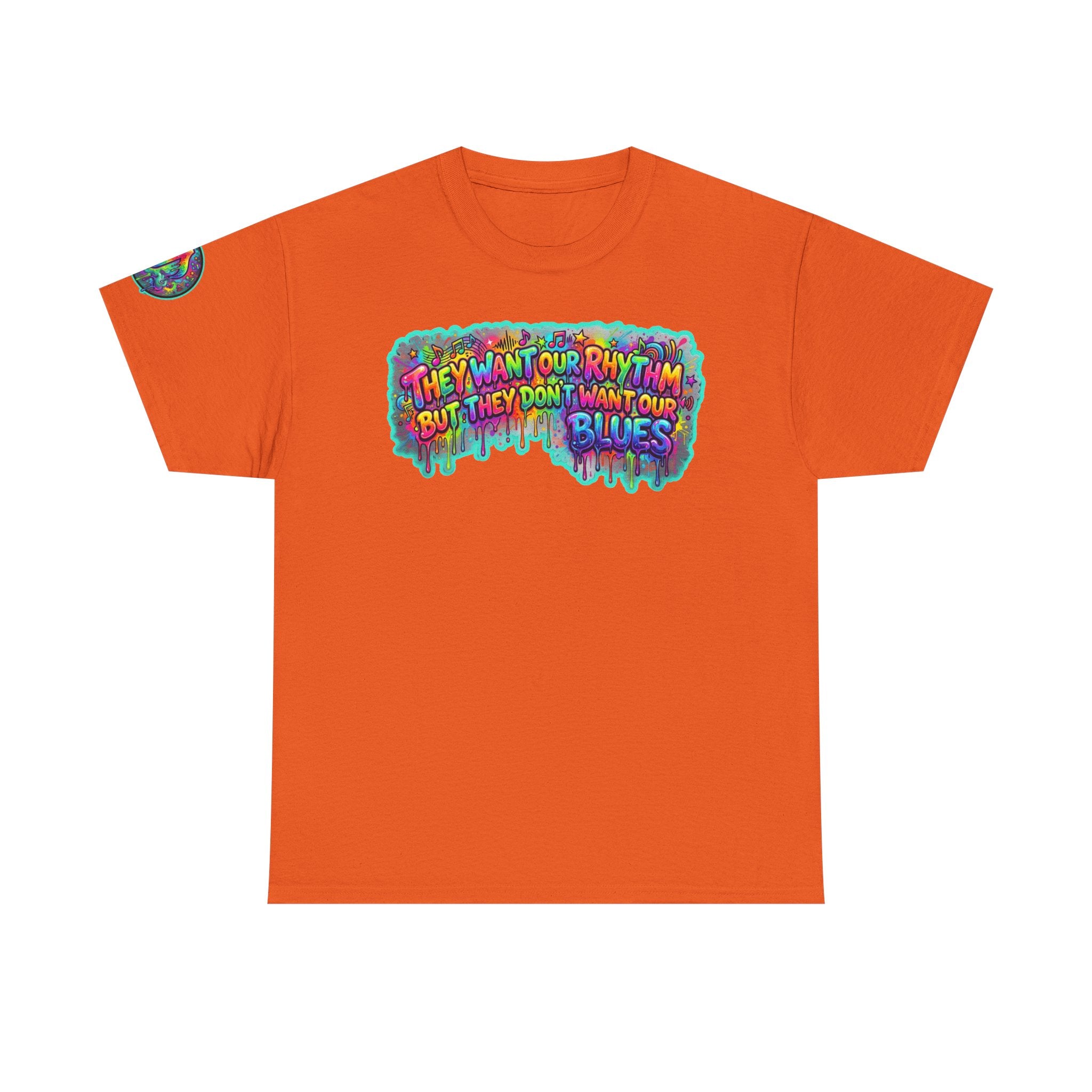 Music Vibes Tee — “They Want Our Rhythm But They Don’t Want Our Blues” Psychedelic Drip Note T-Shirt
