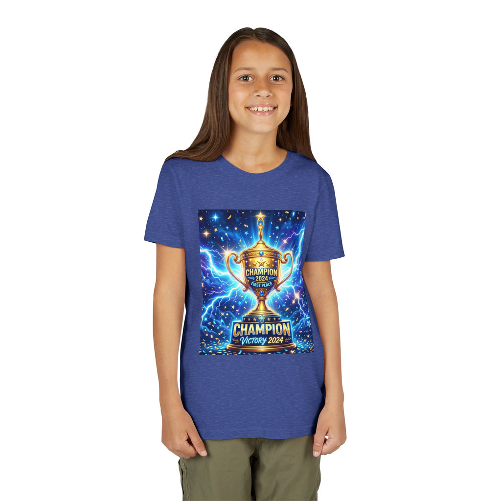 Youth Trophy Lightning Tee — Winning Kids' Short Sleeve Shirt with Stars & Confetti