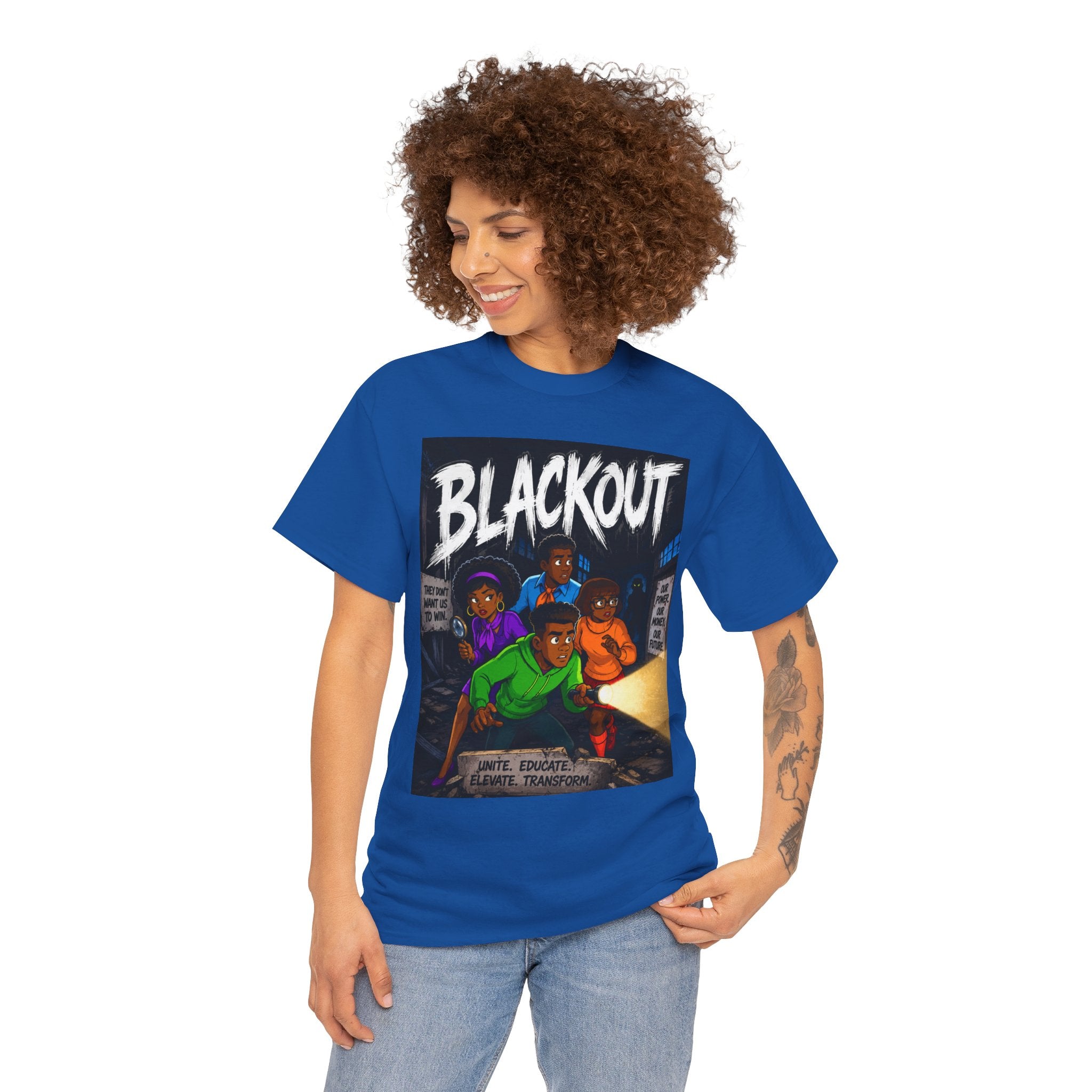 Blackout Graphic Tee — Urban Comic Poster Design with Back Fist Logo