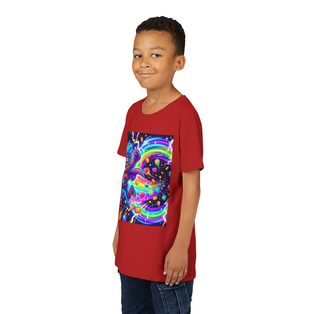 Retro Pixel Explosion Youth Tee — Smiling Avatar, Hearts, Gems & Controllers