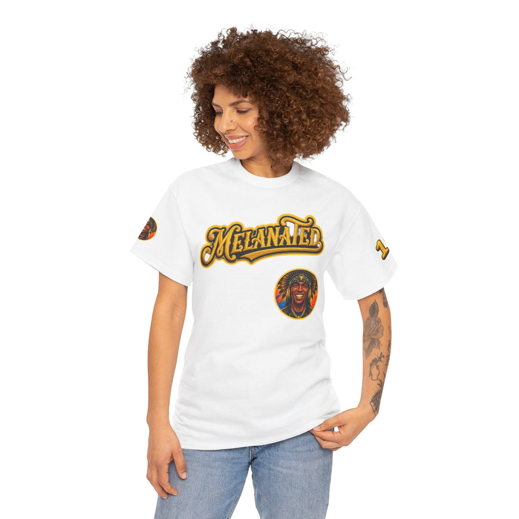 Melanated 19 Graphic Tee — Retro Script Logo & Gold Number Baseball Shirt