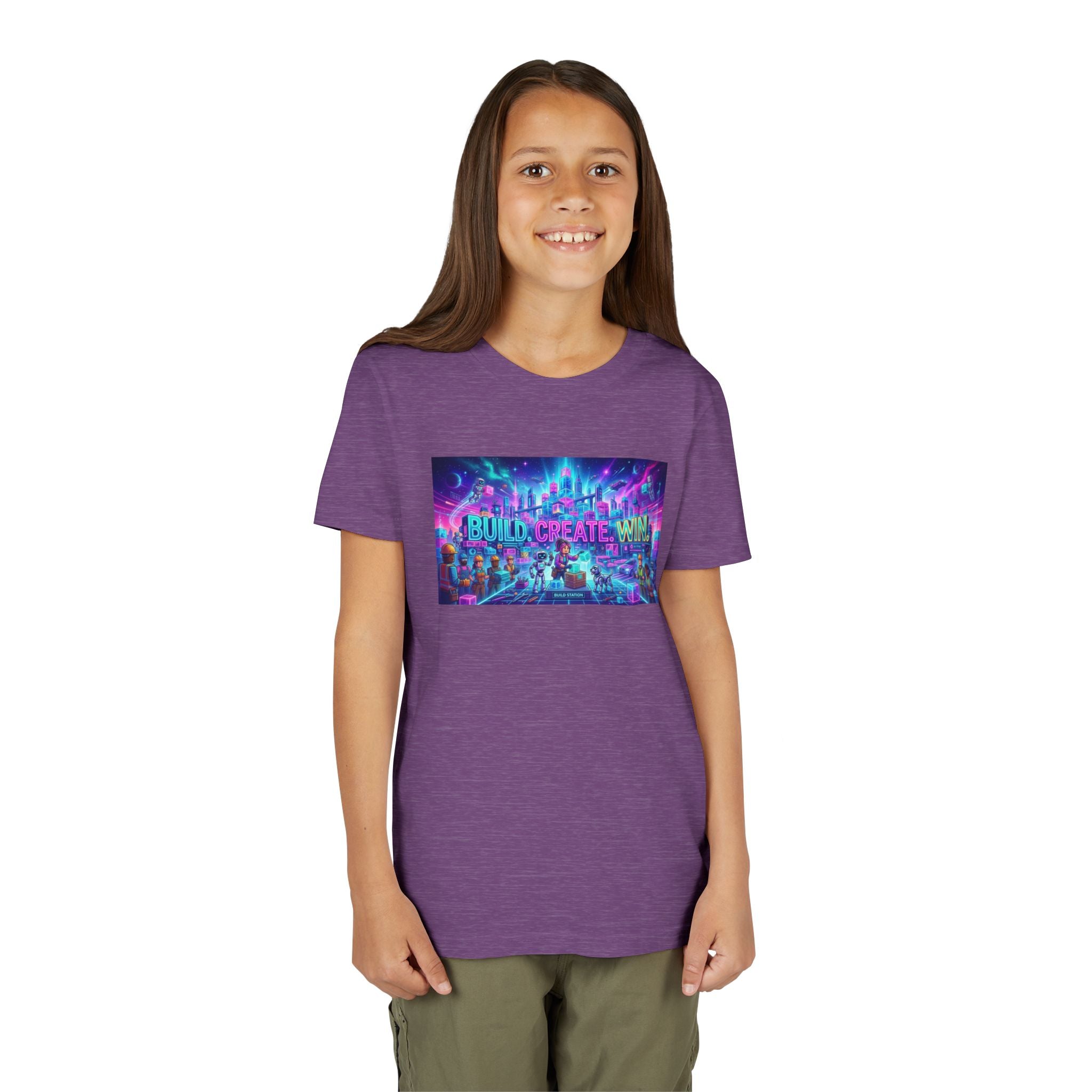 Youth Tee — “BUILD. CREATE. WIN.” Neon Builder City Design