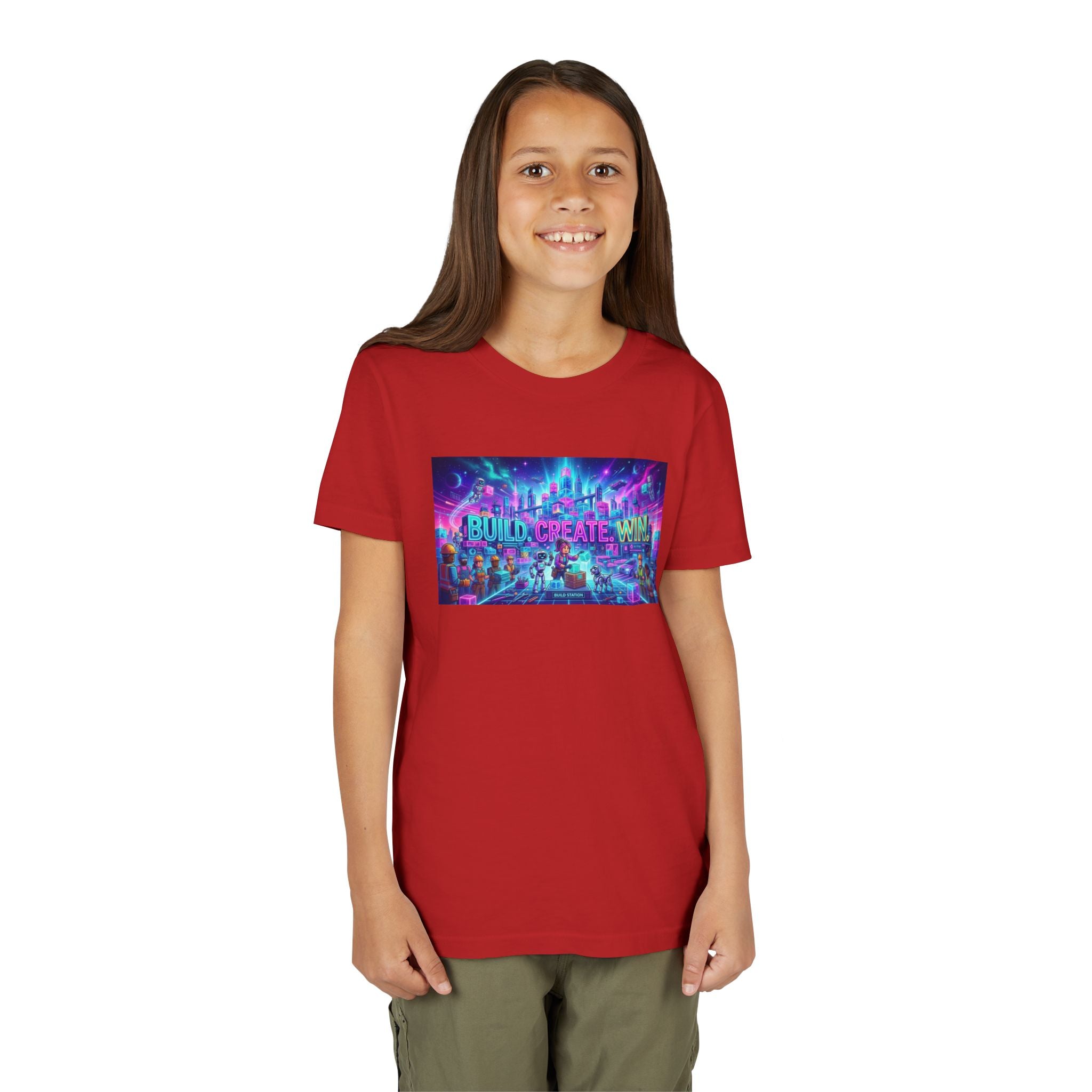 Youth Tee — “BUILD. CREATE. WIN.” Neon Builder City Design