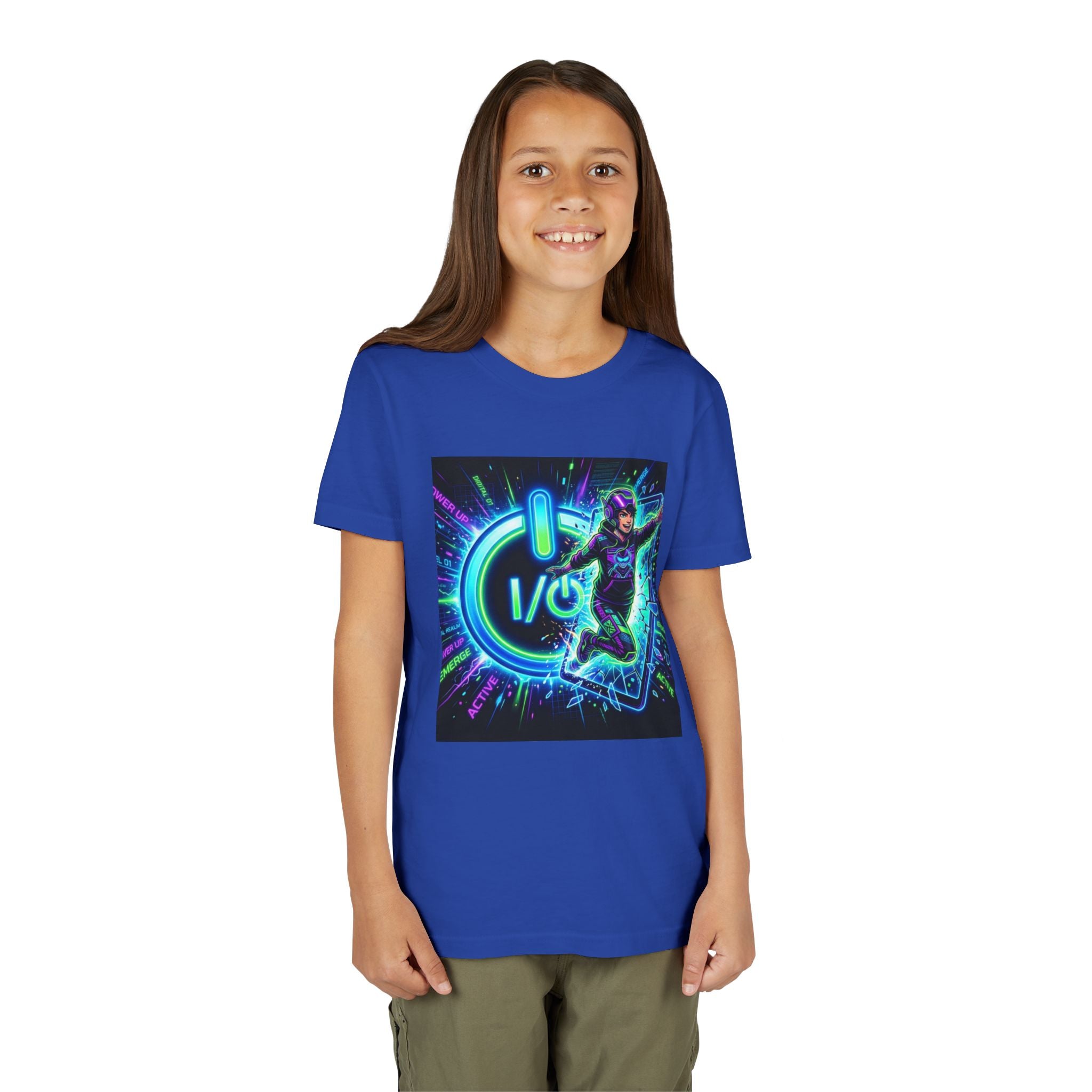 Neon Power Button Tee — Gamer Screen Escape Youth T-Shirt