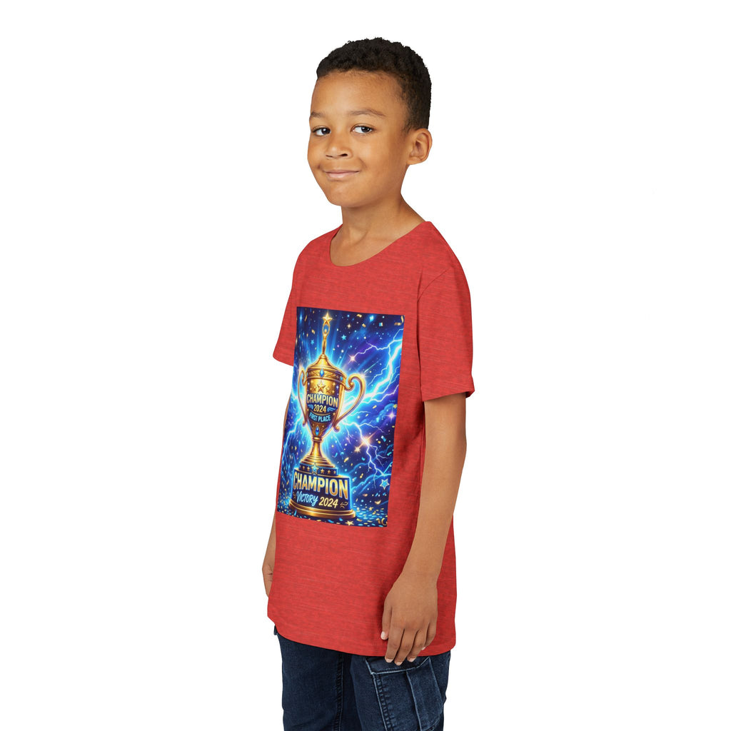 Youth Trophy Lightning Tee — Winning Kids' Short Sleeve Shirt with Stars & Confetti
