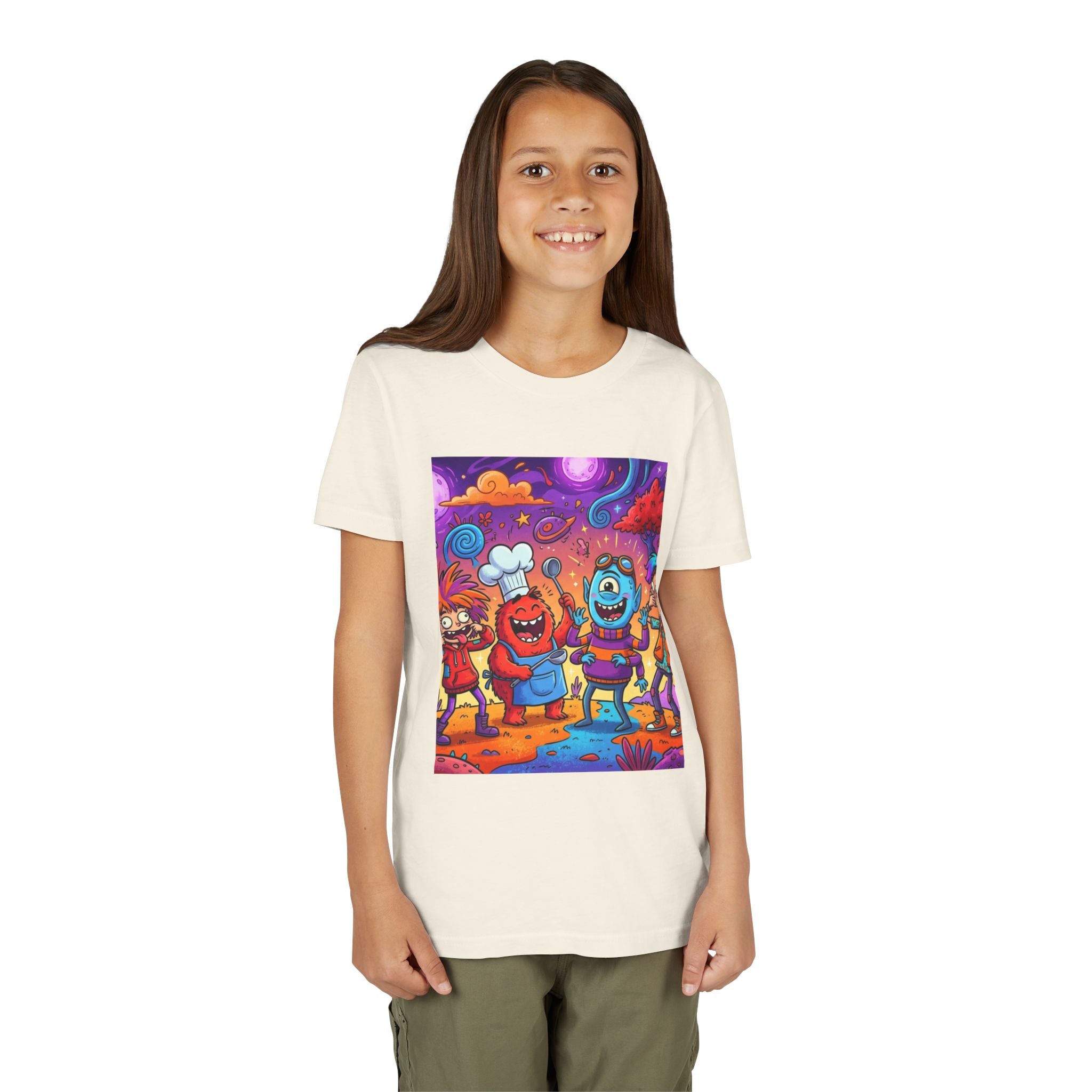 Funny Character Crew Youth Tee — Colorful Crazy Faces Graphic