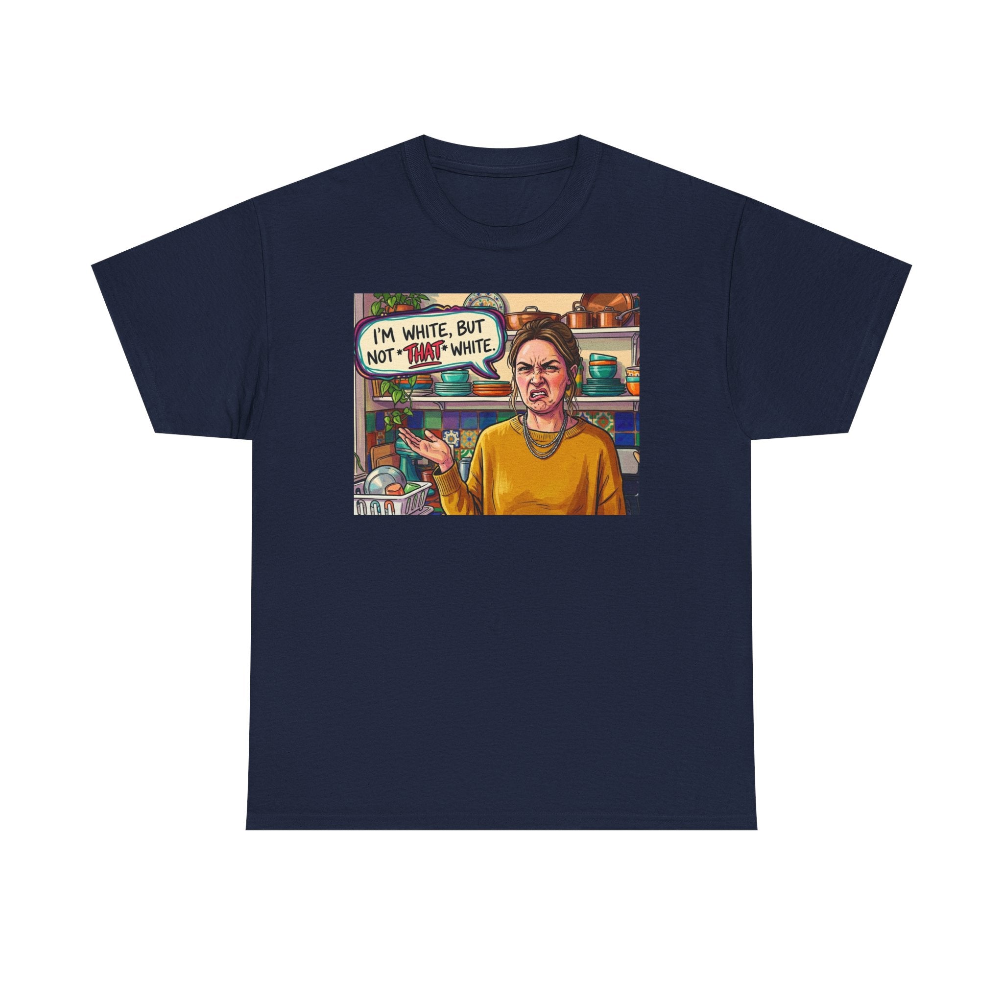 Graphic Tee — "I'm White, But Not THAT White" Illustration with Back Raised Fist Logo