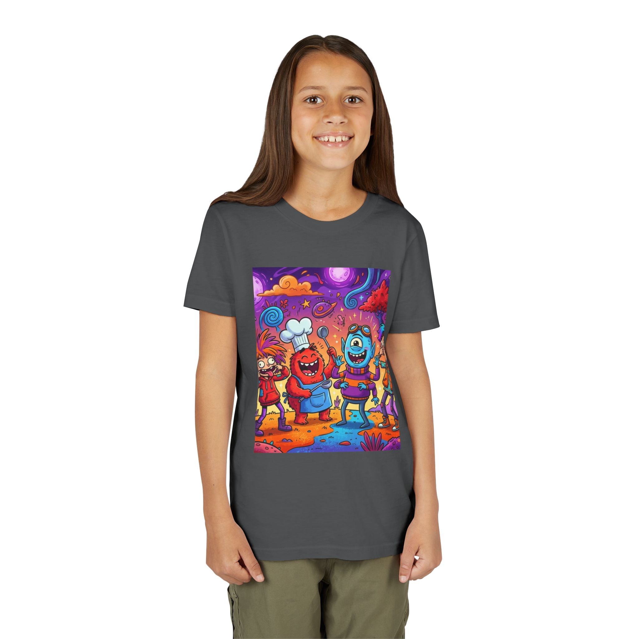 Funny Character Crew Youth Tee — Colorful Crazy Faces Graphic