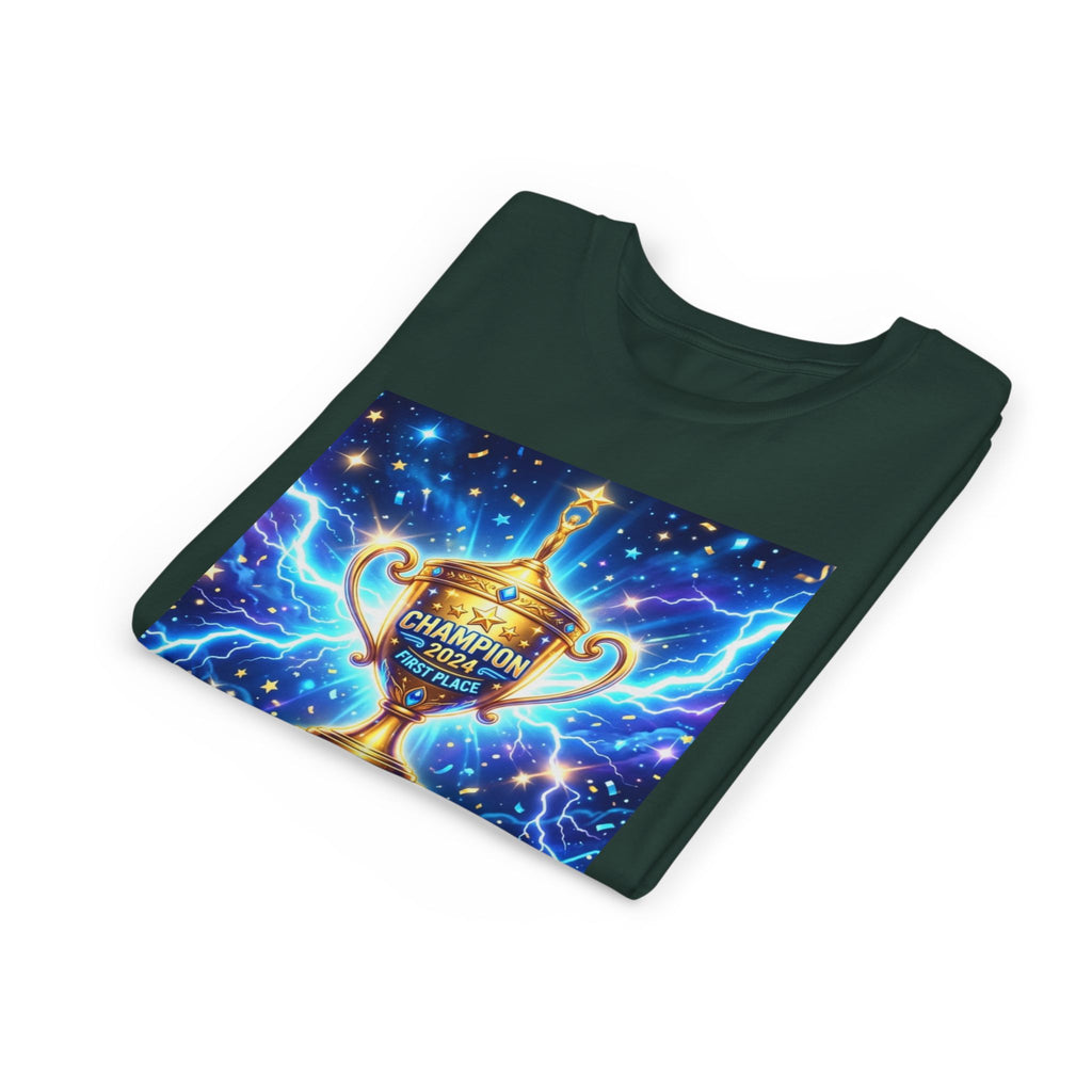 Youth Trophy Lightning Tee — Winning Kids' Short Sleeve Shirt with Stars & Confetti