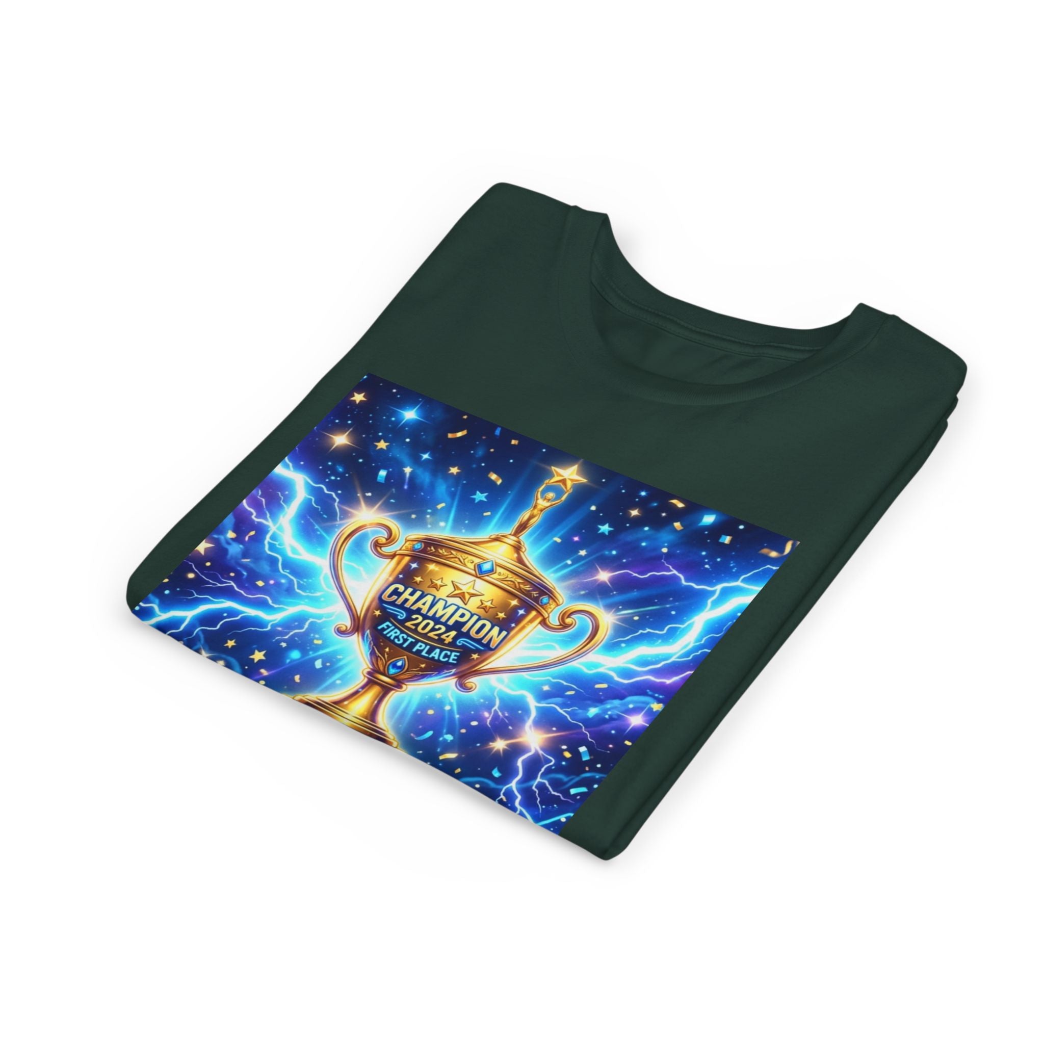 Youth Trophy Lightning Tee — Winning Kids' Short Sleeve Shirt with Stars & Confetti