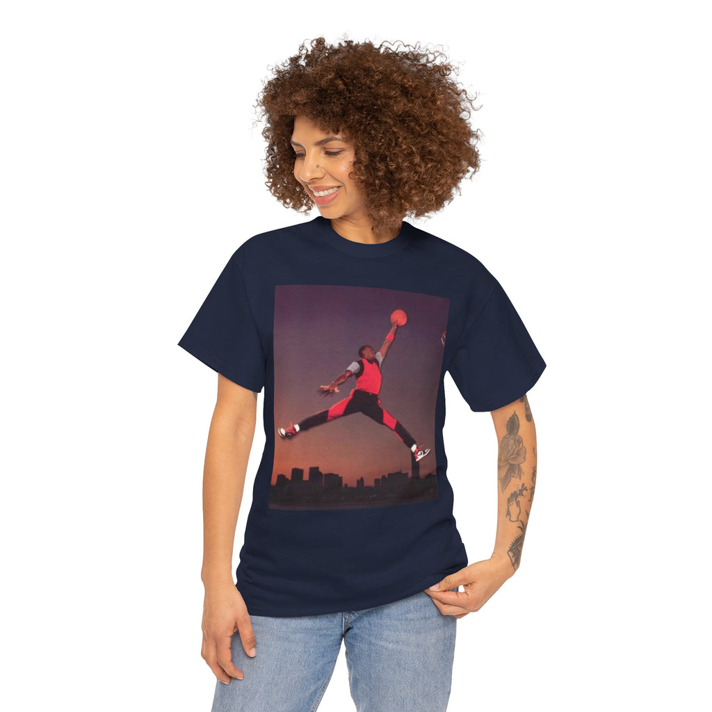 Basketball Jumpman Tee — Retro Skyline Graphic T-Shirt with Red Fist Back Emblem