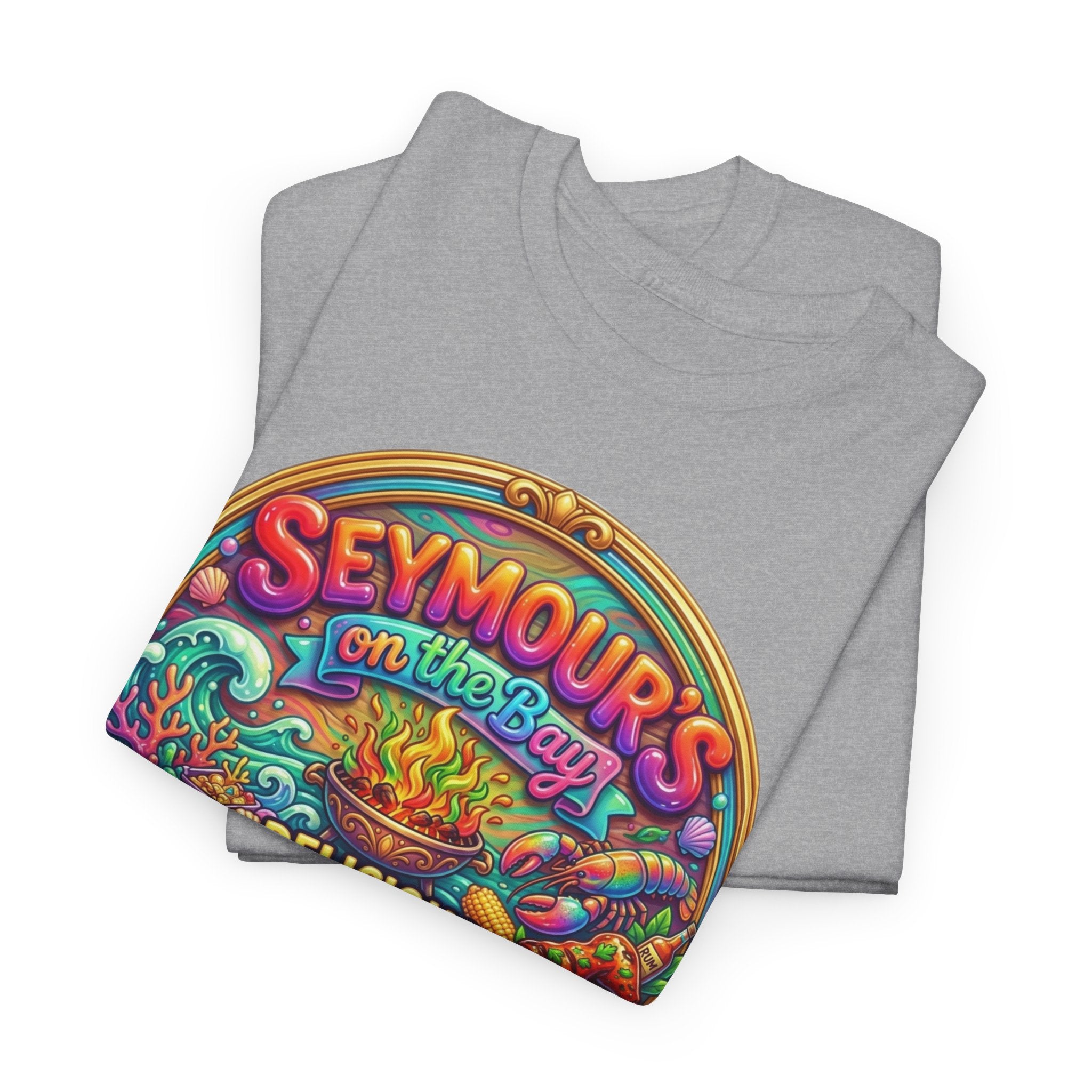 Caribbean BBQ & Seafood Tee — “Seymour’s” Vibrant Island Food Graphic T-Shirt