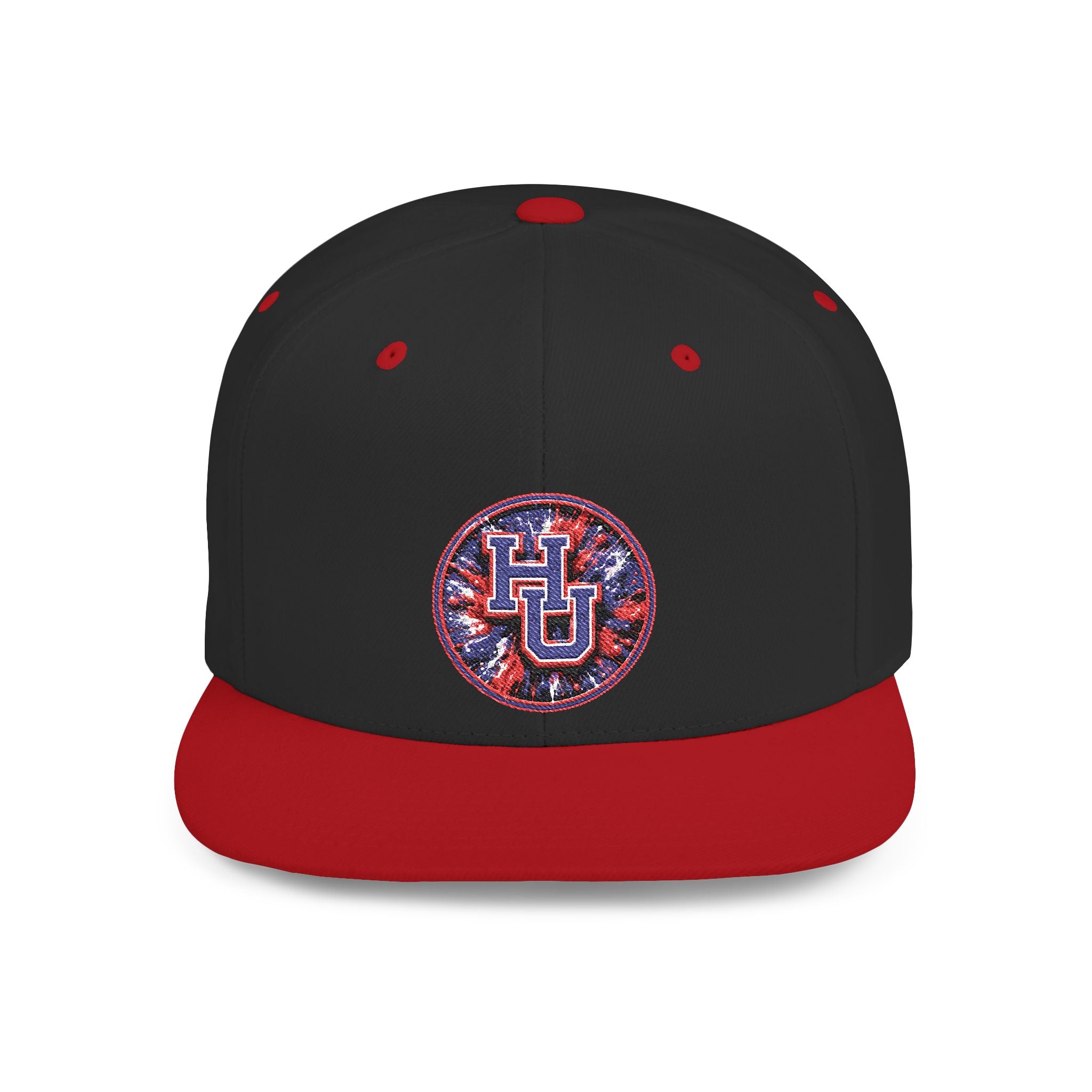 HU Logo Flat Bill Snapback Hat — Red & Blue Sequin Patch Cap