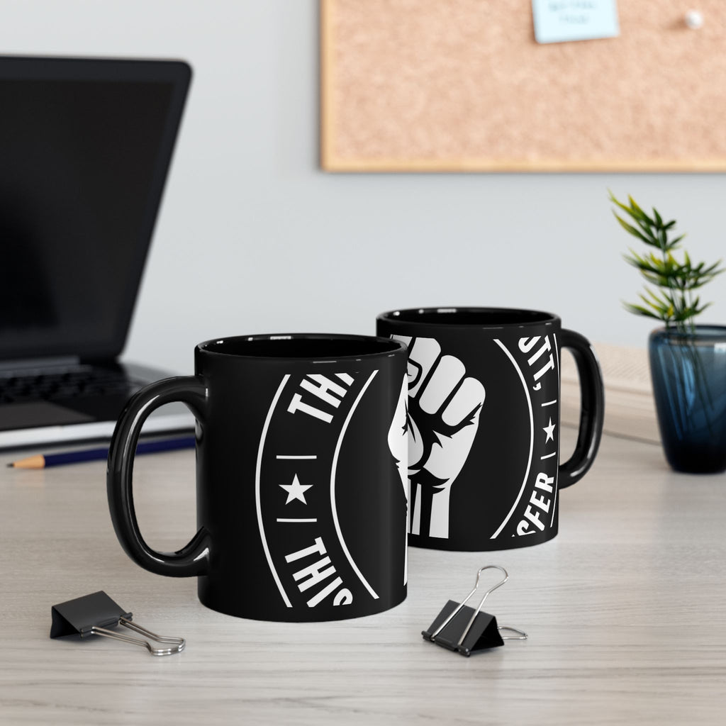 Solidarity Fist Mug — Black Coffee Cup with Raised Fist Design
