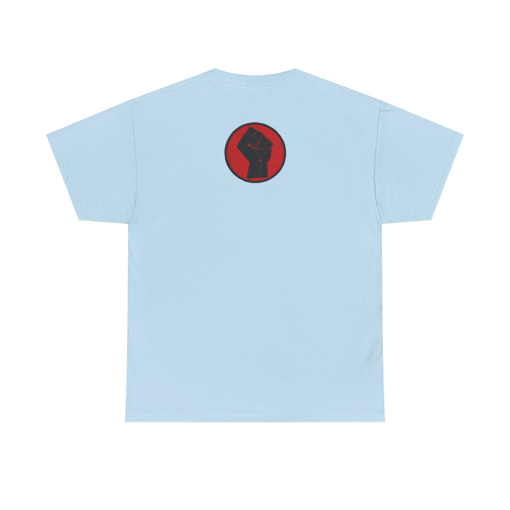 Basketball Jumpman Tee — Retro Skyline Graphic T-Shirt with Red Fist Back Emblem