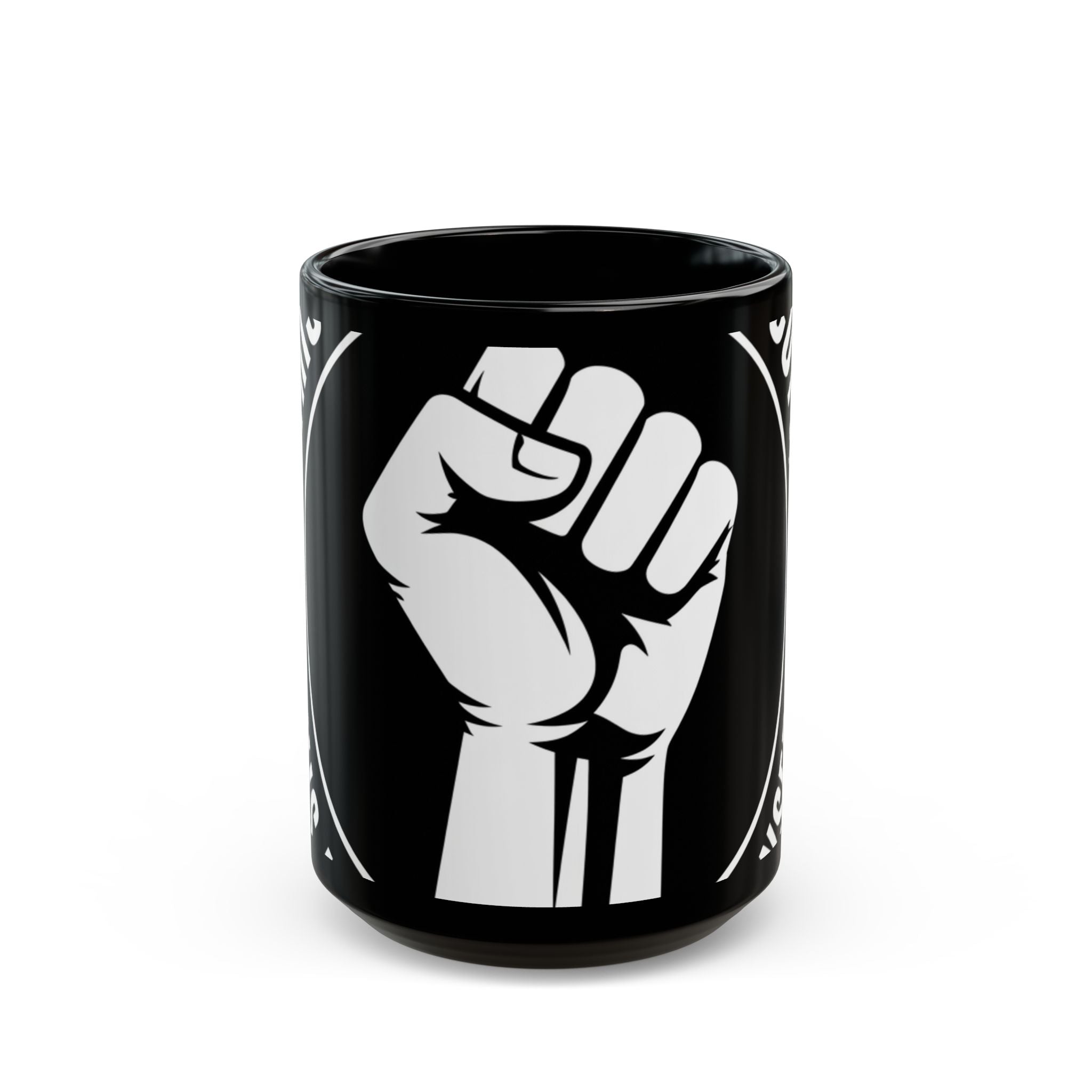 Solidarity Fist Mug — Black Coffee Cup with Raised Fist Design